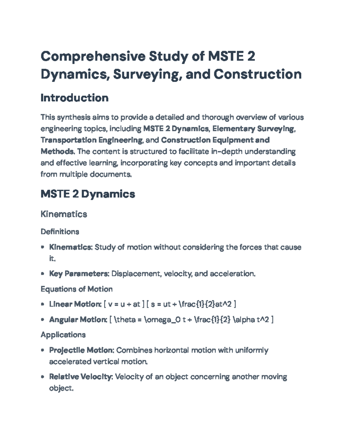Comprehensive Overview of MSTE 2 Dynamics, Surveying & Construction ...