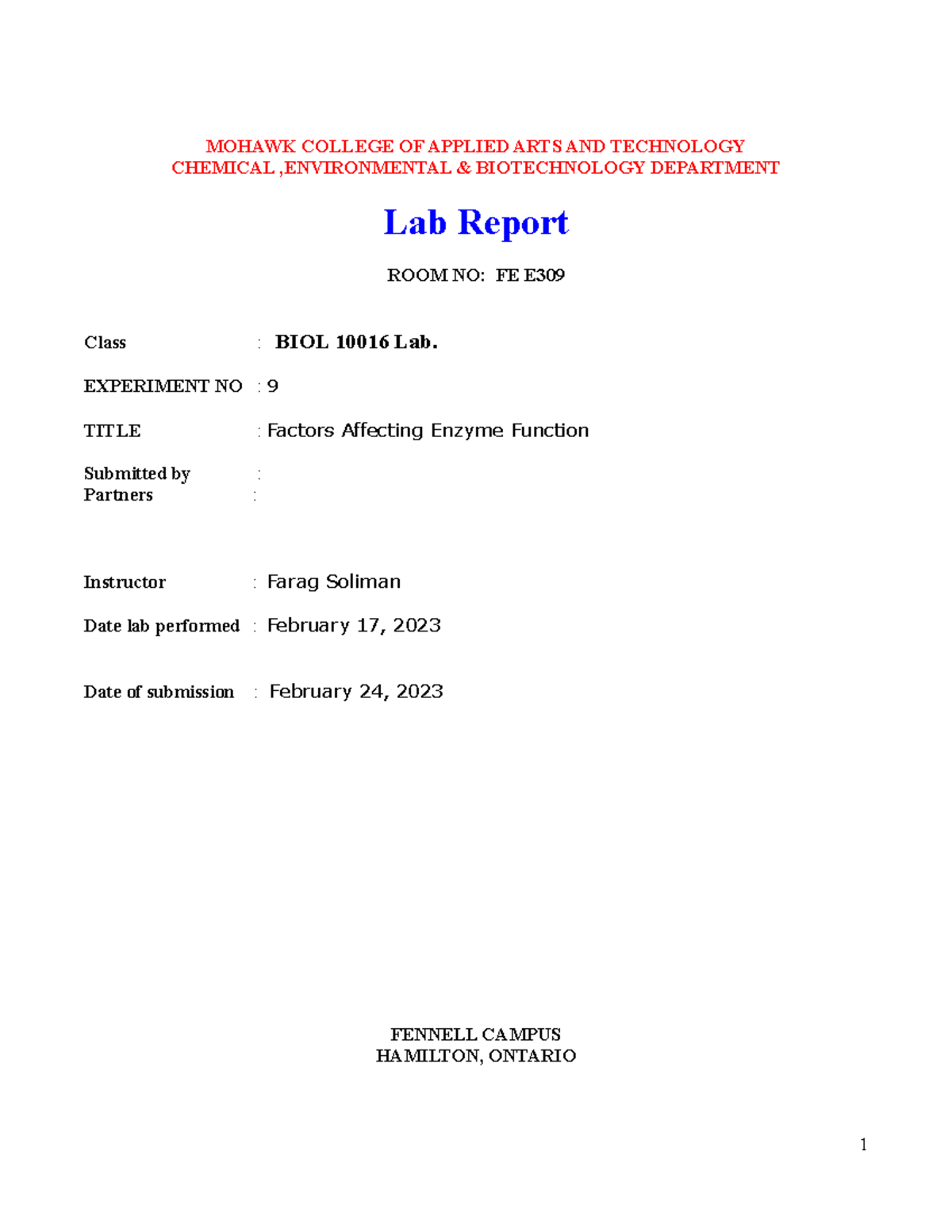 BIOL 10016 Lab Report: Experiment 9 on Enzyme Activity and pH - Studocu