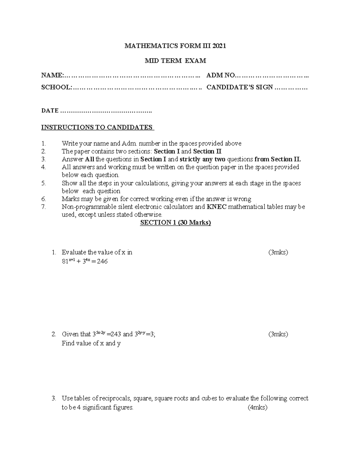Set1 Maths Mid Term 1 2021 Teacher - MATHEMATICS FORM III 2021 MID TERM ...