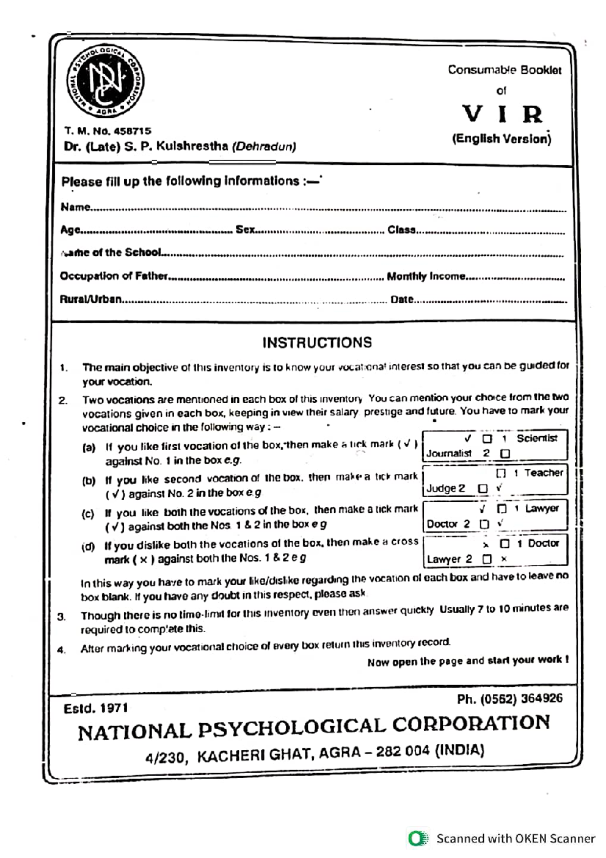 Vocational Interest Record (VIR) - Guidance Inventory Form - Studocu