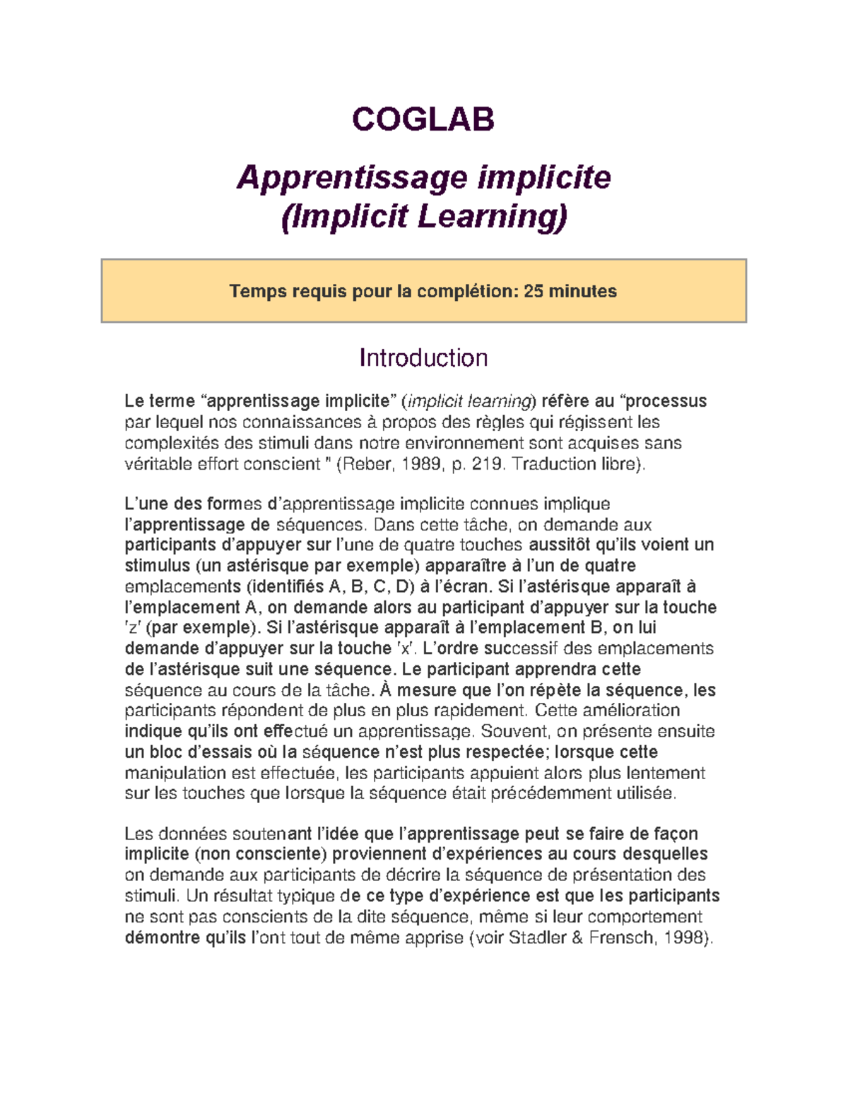 COGLAB 1: Instructions pour l'Apprentissage Implicite - Studocu