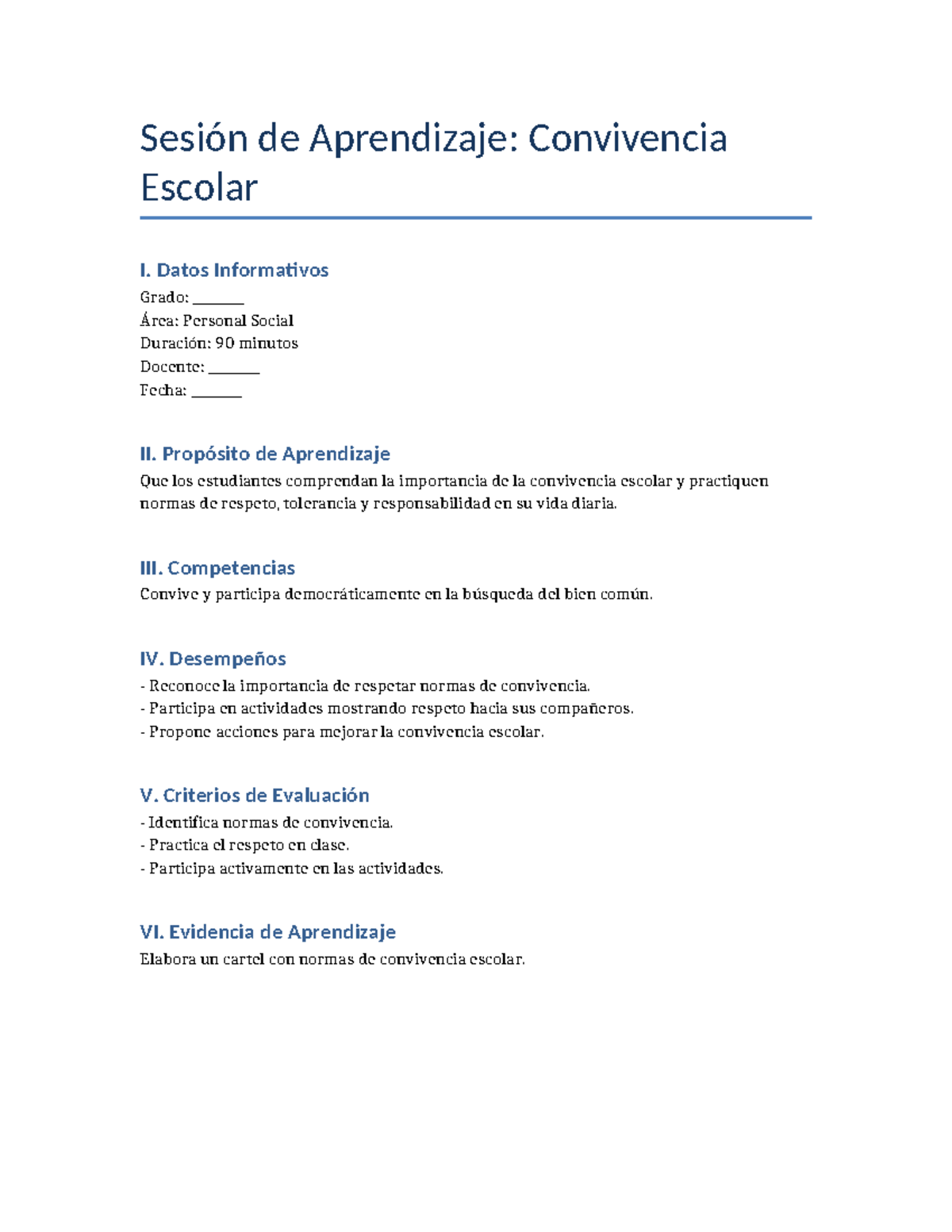 Convivencia Escolar I: Sesión de Aprendizaje y Evaluación - Studocu