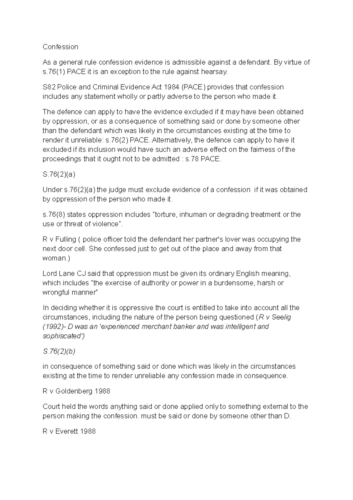 Admissibility of Confession Evidence - PACE Guidelines Analysis - Studocu
