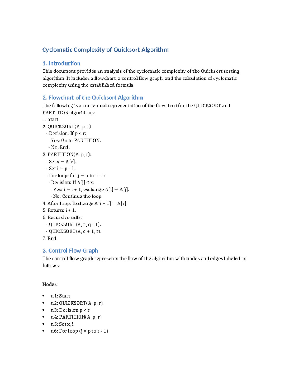 Cyclomatic Complexity Analysis of Quicksort Algorithm - Studocu