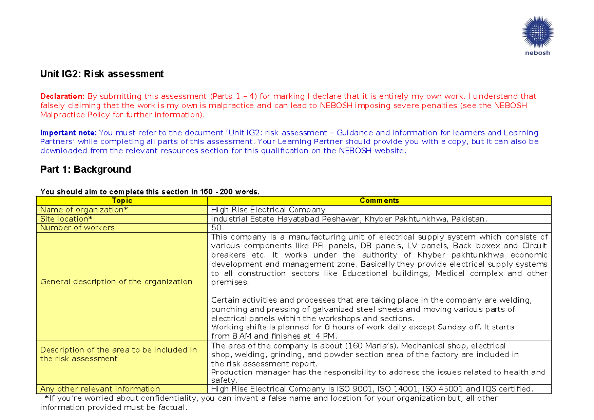 IG2: Risk Assessment Report for High Rise Electrical Company - Studocu