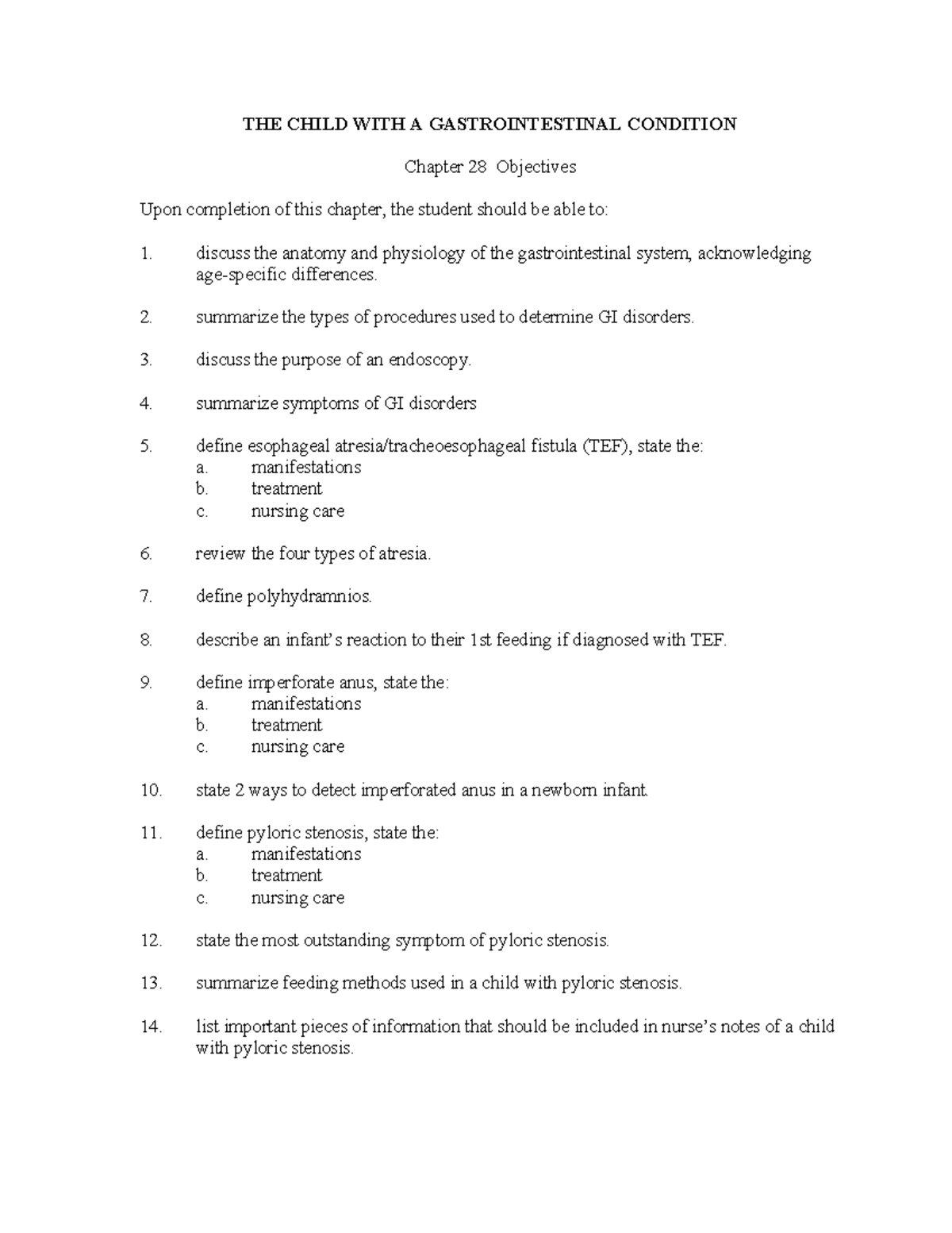 Chap 28 GI Disorders: Key Objectives & Nursing Care Insights - Studocu