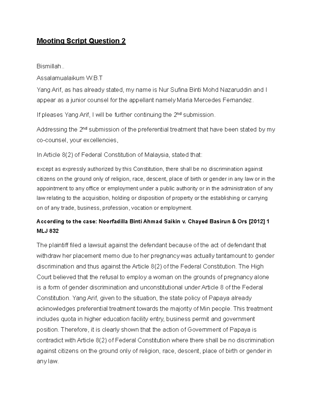 Mooting Script: Freedom and Equality in Malaysian Law (Case Study ...