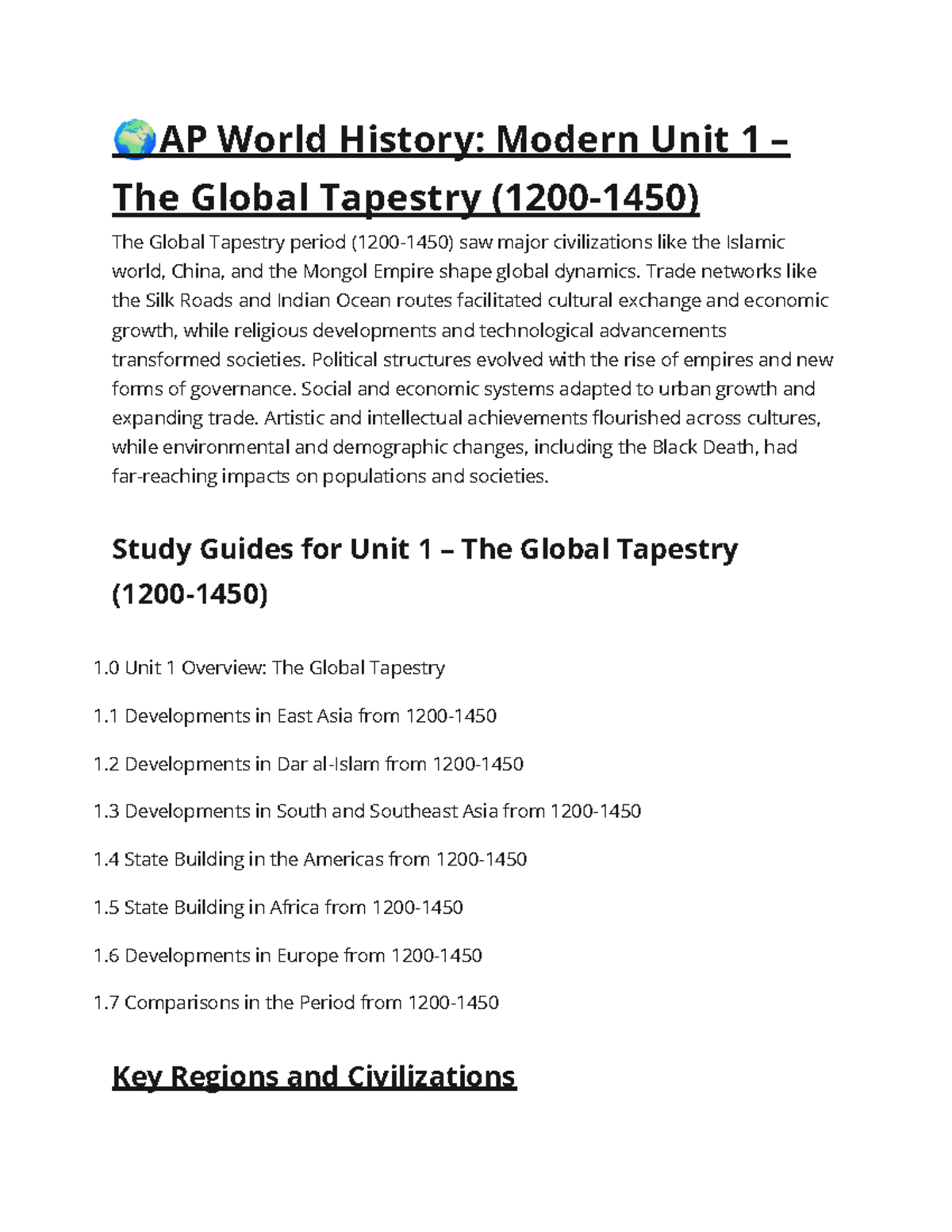 AP World History: Modern Unit 1 - The Global Tapestry Overview - Studocu