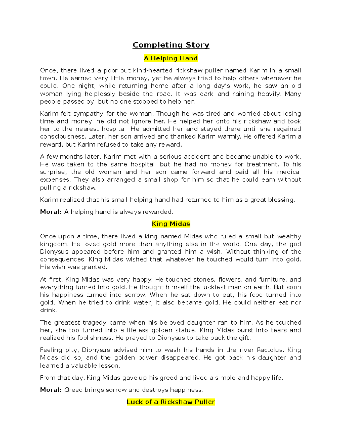 Completing Story - A Helping Hand & King Midas (SSC Writing) - Studocu