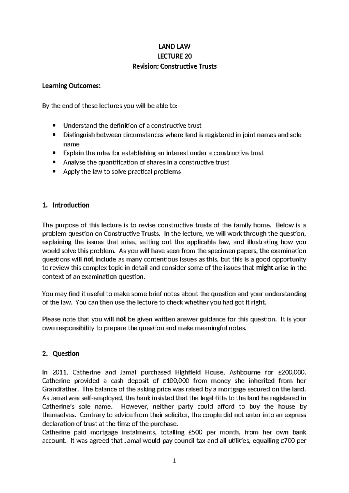 LAND LAW LECTURE 20: Revision on Constructive Trusts and Key Issues ...