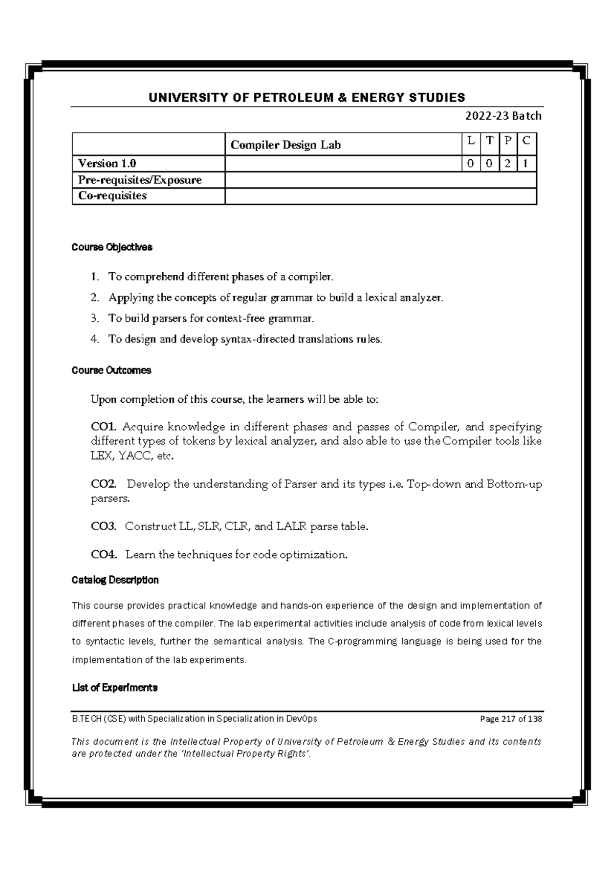 Compiler Design Lab Course Plan - 2022-23 Batch B (CSE) with ...