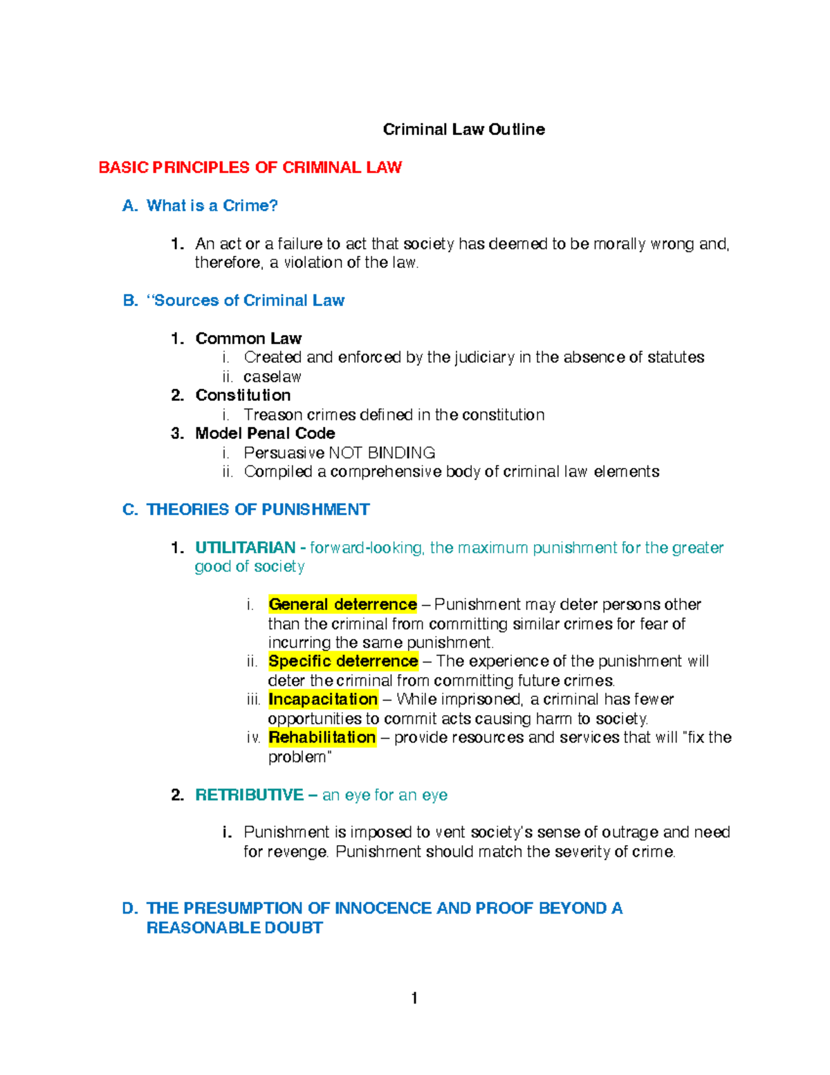 Criminal Law Outline: Key Principles and Theories (CRIM 101) - Studocu