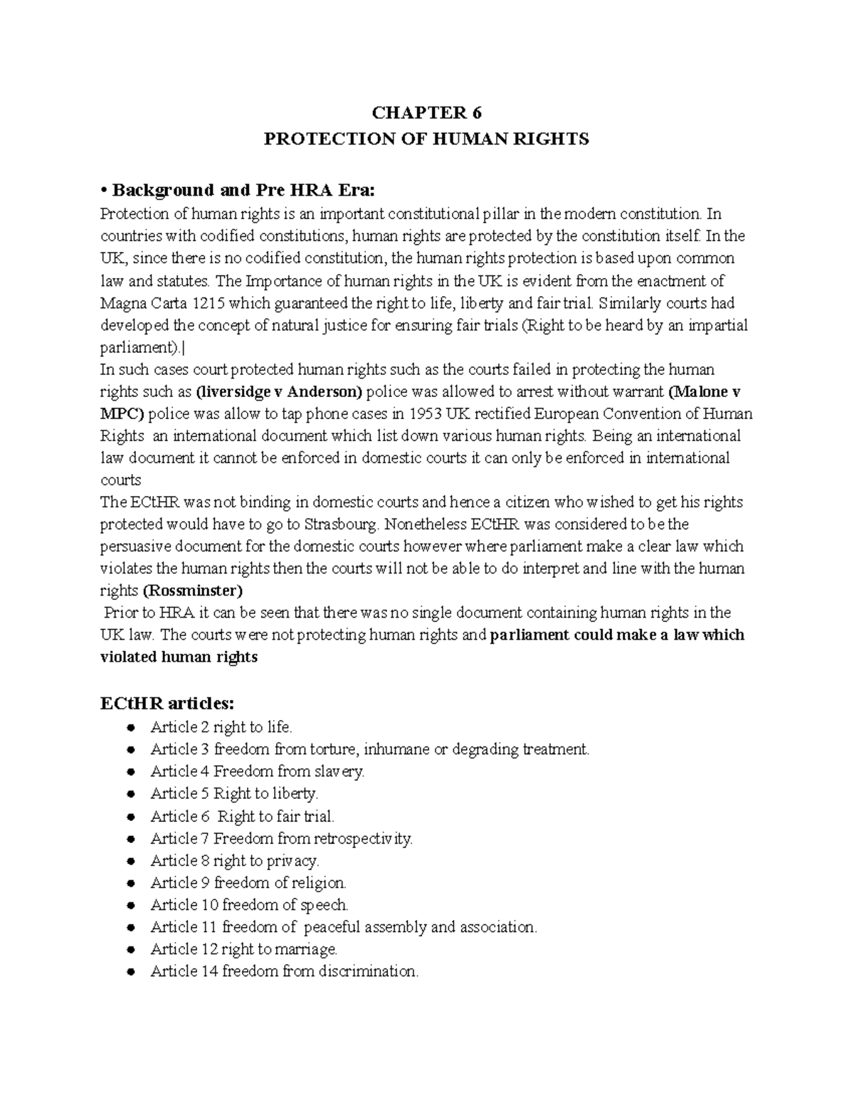 CHAPTER 6: PROTECTION OF HUMAN RIGHTS (Public Law) - HRA Overview - Studocu