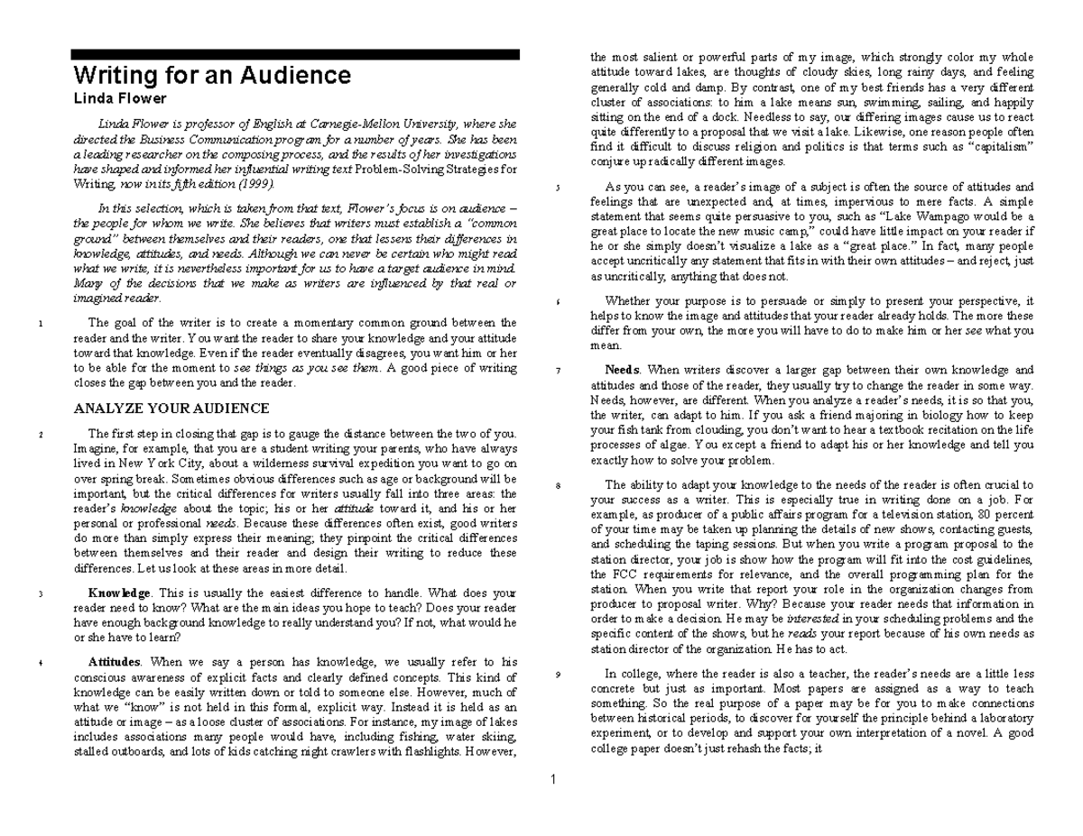 ENG 201: Analysis of Writing for an Audience by Linda Flower - Studocu