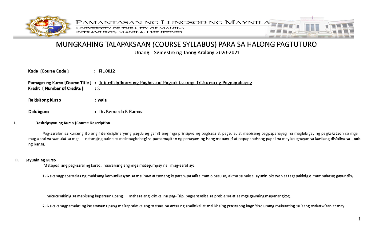 FIL 0012: Syllabus para sa Interdisiplinaryong Pagbasa at Pagsulat - Document Preview