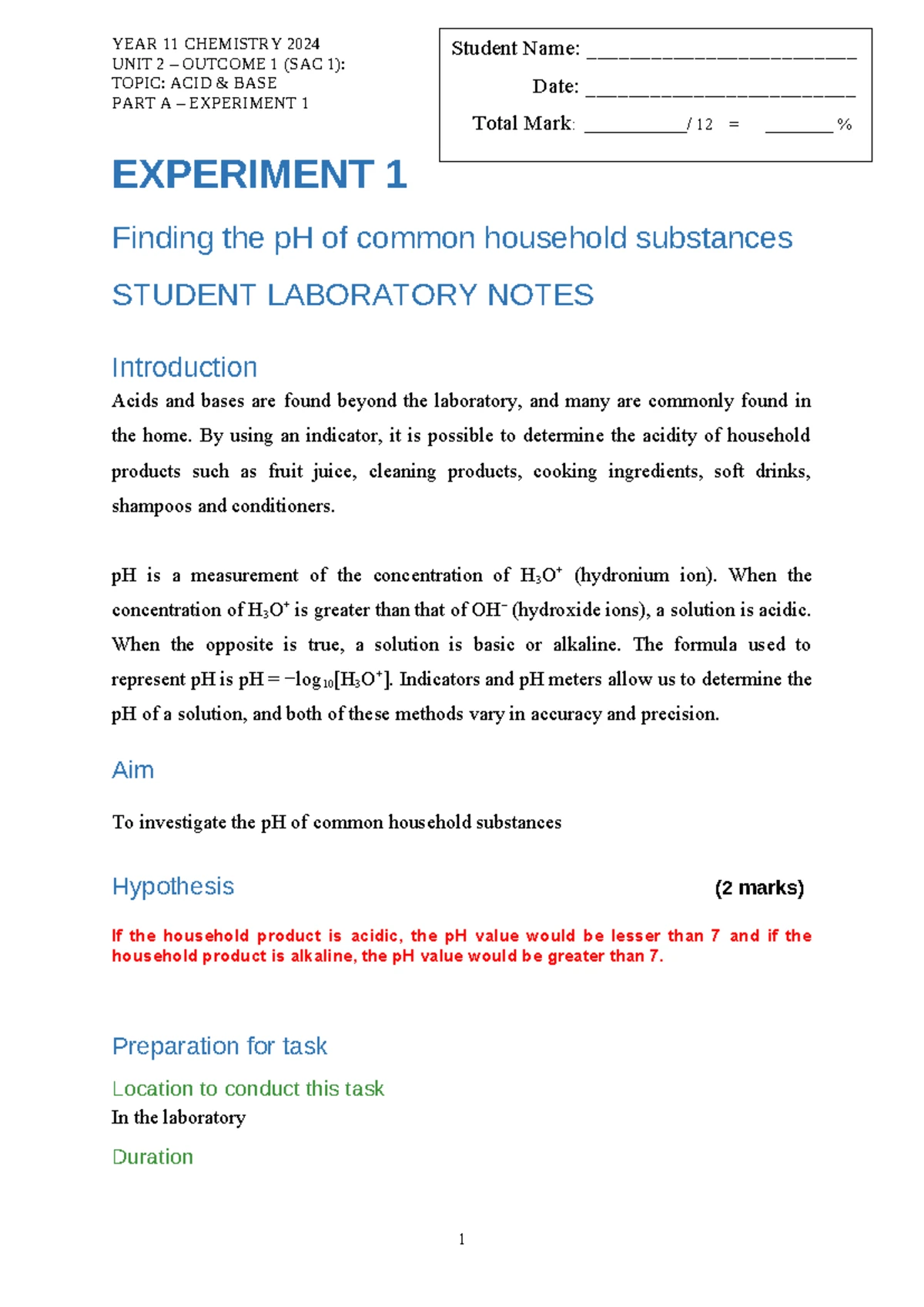 YEAR 11 CHEMISTRY 2024 UNIT 2 OUTCOME 1: ACID-BASE EXPERIMENT 2 LAB ...