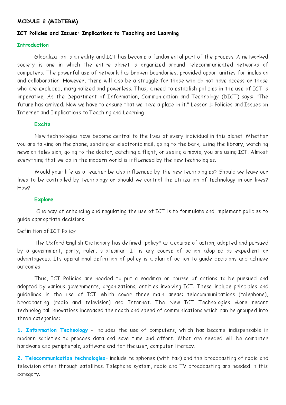 MODULE 2 (MIDTERM) ICT Policies & Issues: Implications for Teaching ...