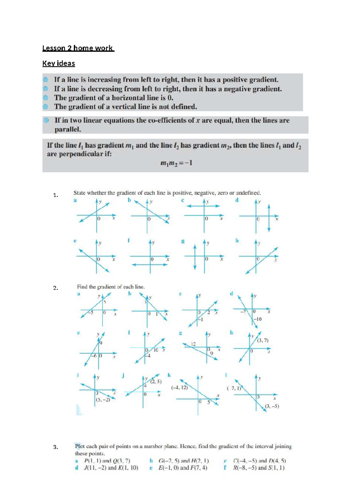 Linear Relationships: Lesson 2 Homework Key Ideas on Gradients - Studocu