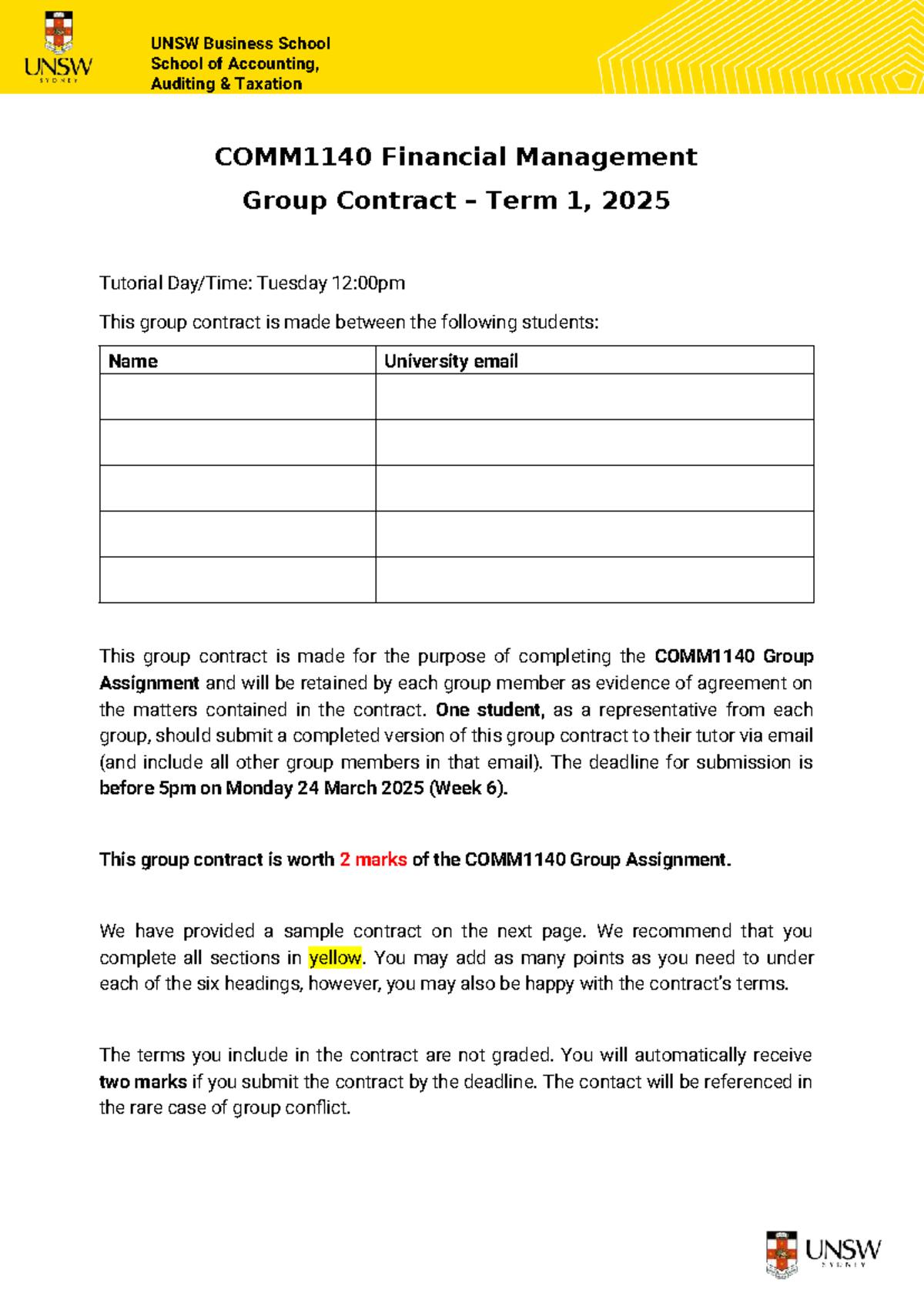COMM1140 Group Contract for Financial Management Assignment Term 1 ...
