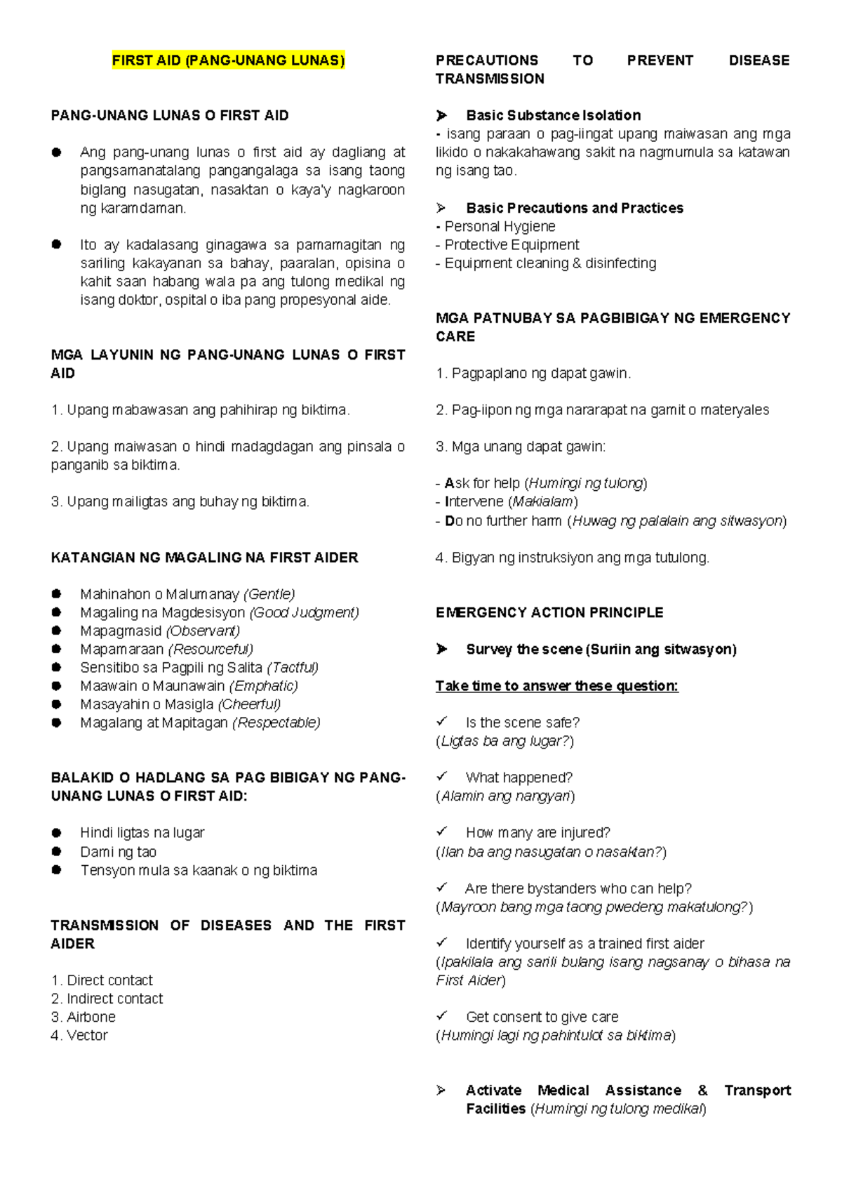 FIRST AID (LUNAS) REVIEWER: EMERGENCY CARE GUIDELINES - Studocu