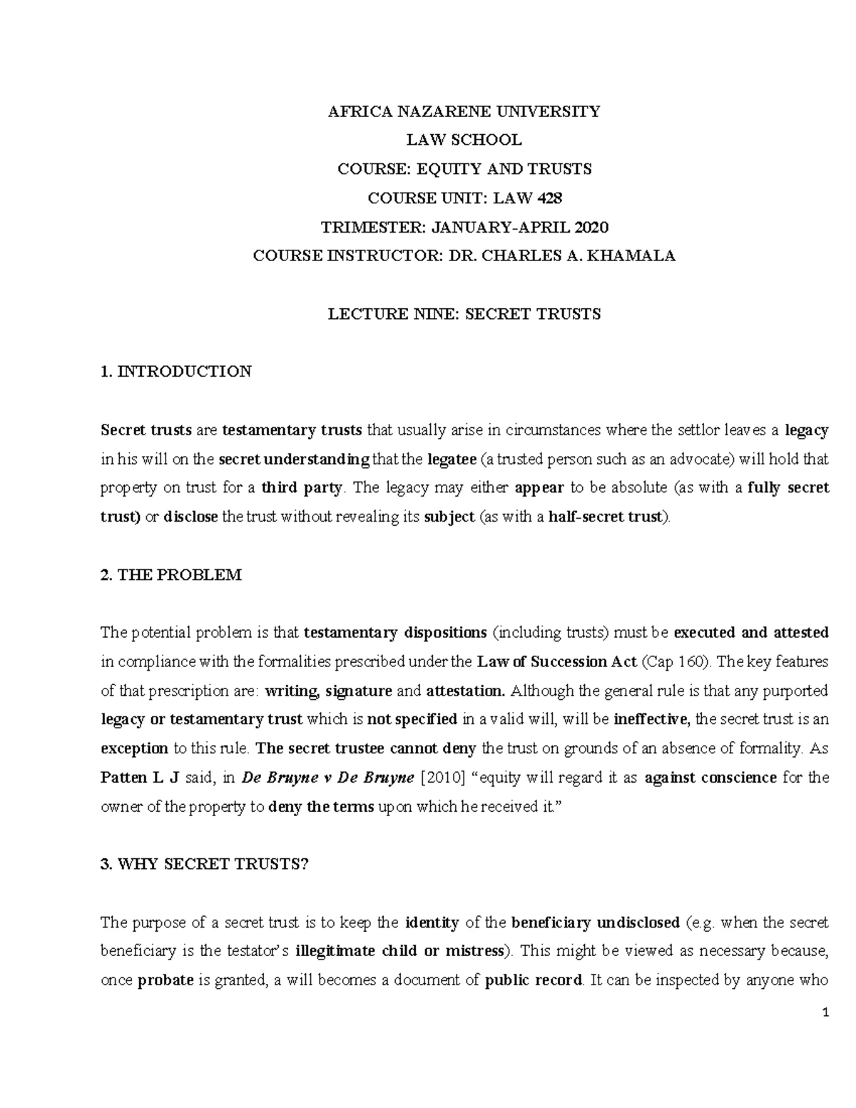 Equity And Law Of Trusts Course Outline 2020 - SCHOOL OF LAW EQUITY ...