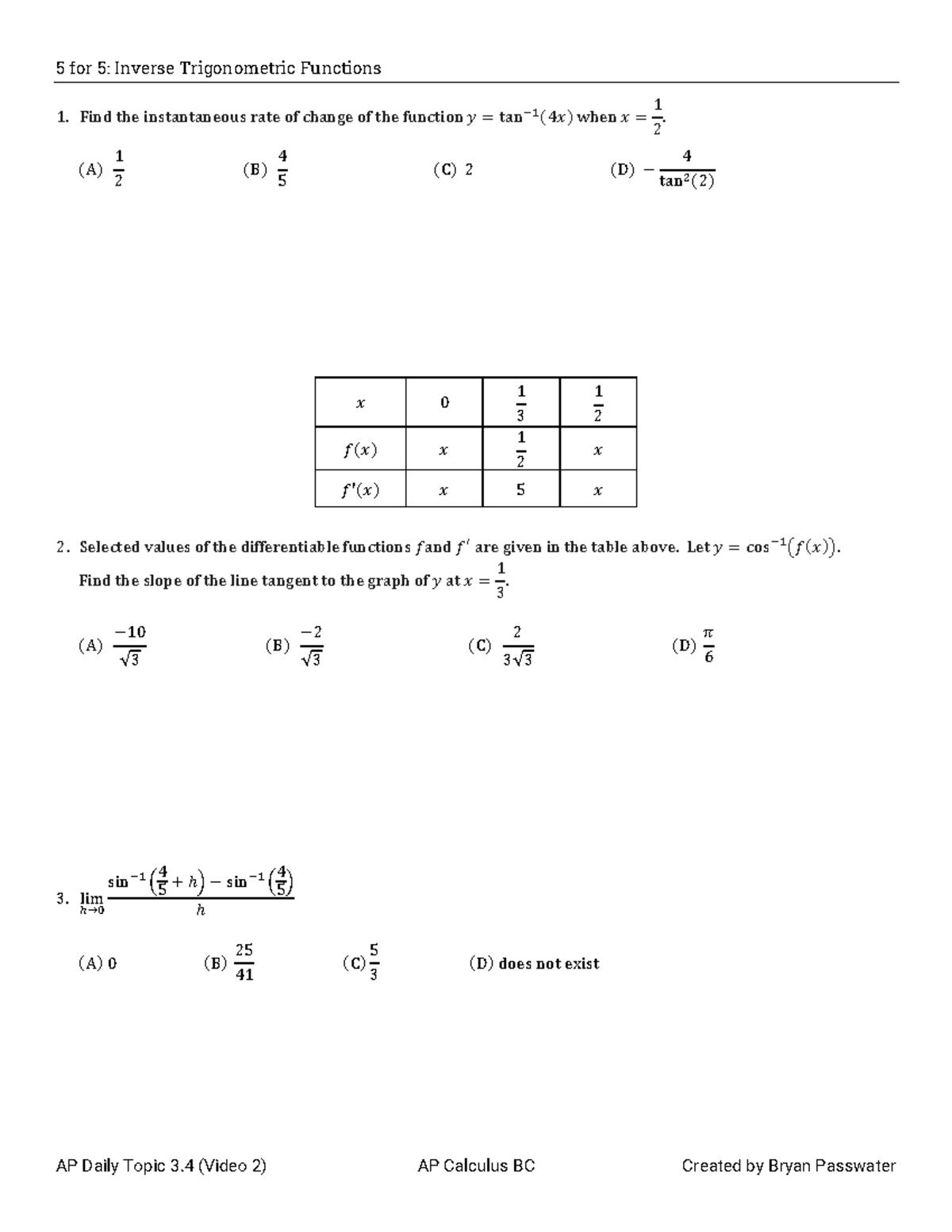 AP Calculus BC: 5 for 5 Inverse Trigonometric Functions - Topic 3.4 ...