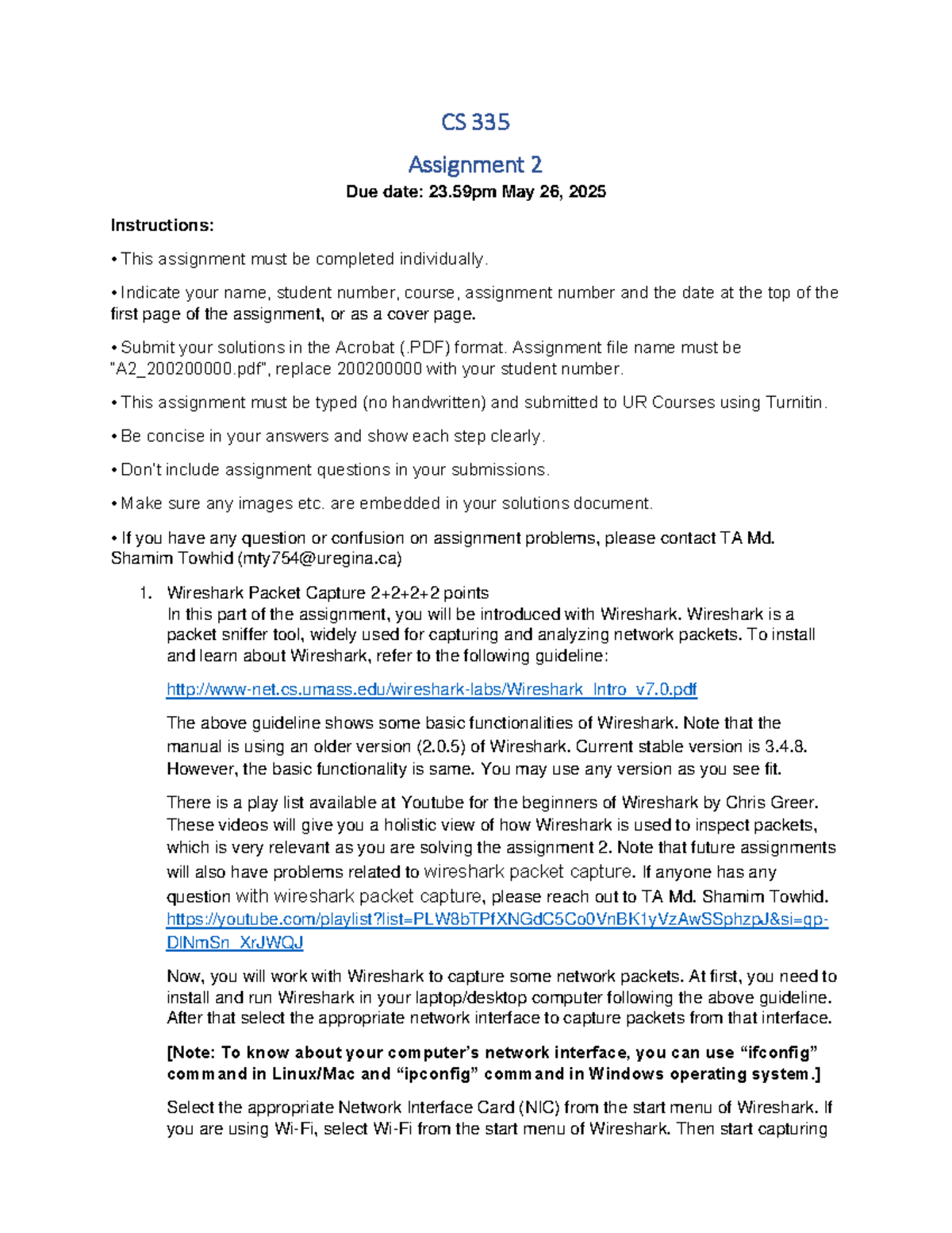 CS 335 Assignment 2: Wireshark Packet Capture & Networking Concepts ...