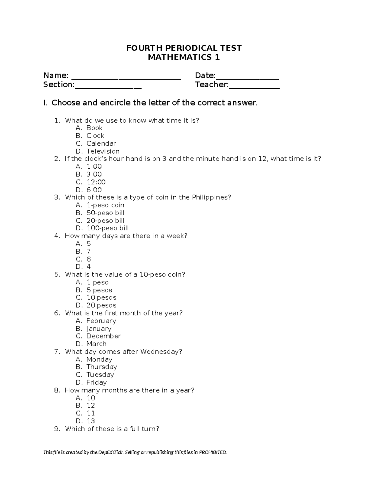 PT Mathematics 1 Q4 - Periodical Test Questions and Answers - Studocu