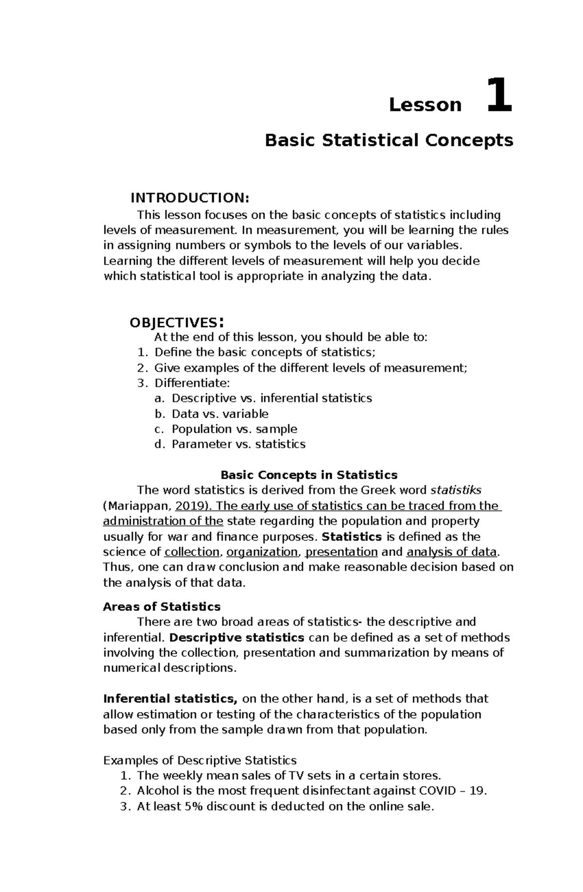 Lesson 1: Fundamental Concepts in Statistics (Stat 101) - Studocu