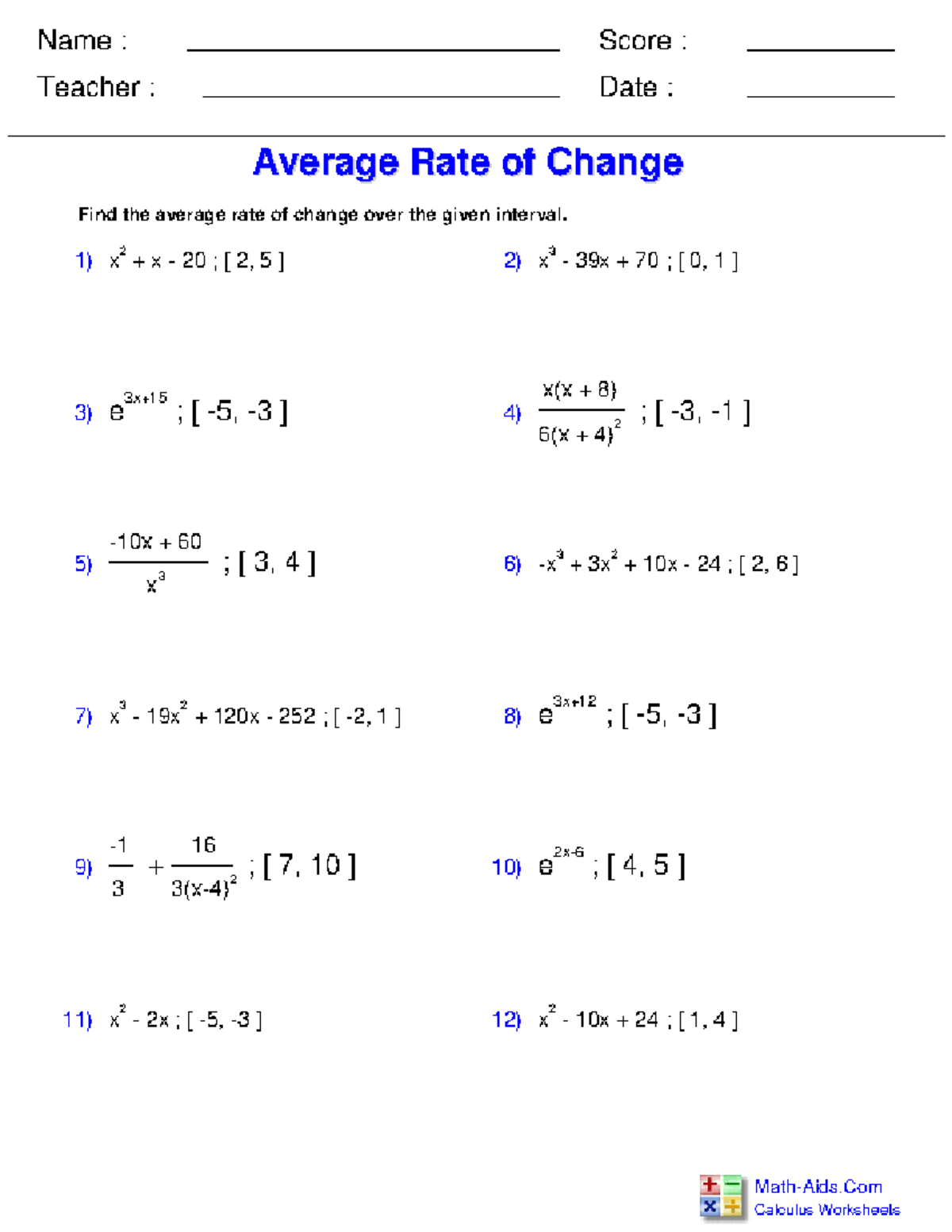 Calculus Worksheets: Average Rate of Change Analysis - Studocu