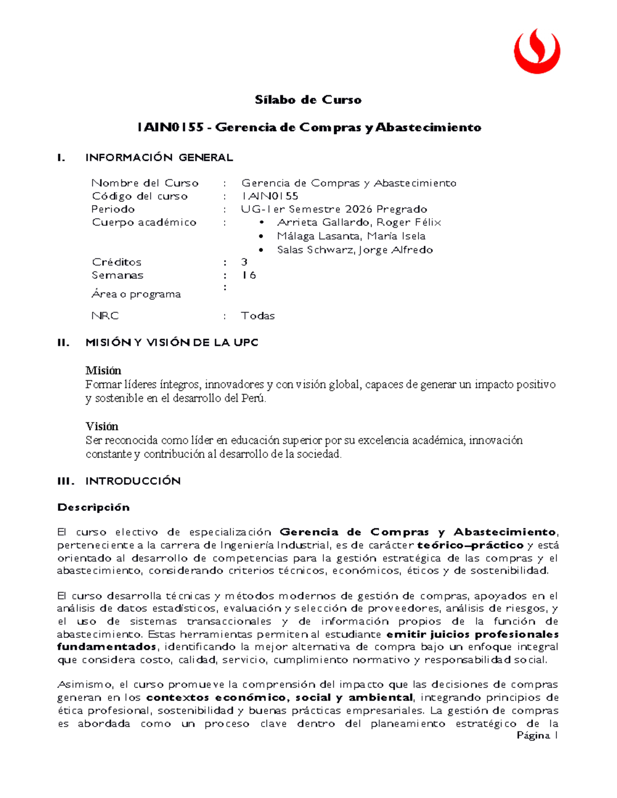 Sílabo del Curso 1AIN0155: Gerencia de Compras y Abastecimiento I - Studocu