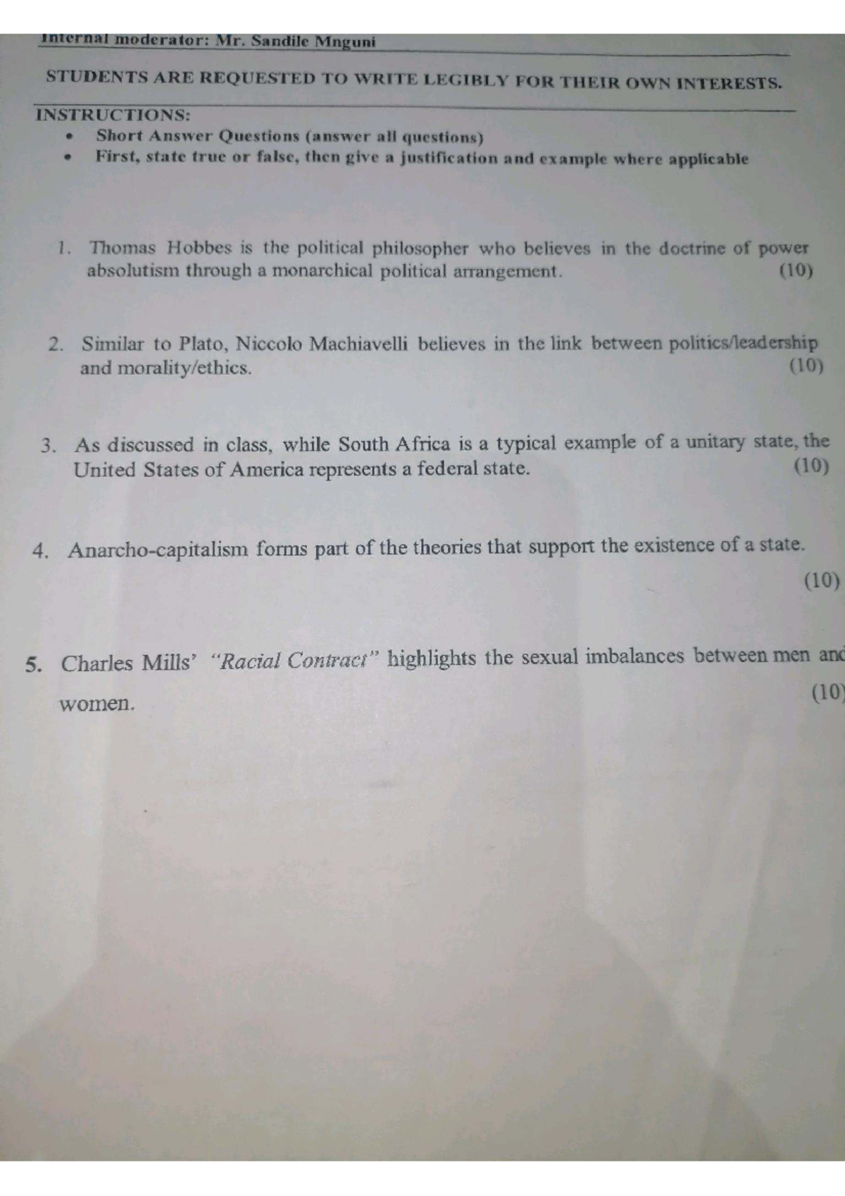 POLs102 Short Answer Questions: Political Philosophy Test - Studocu