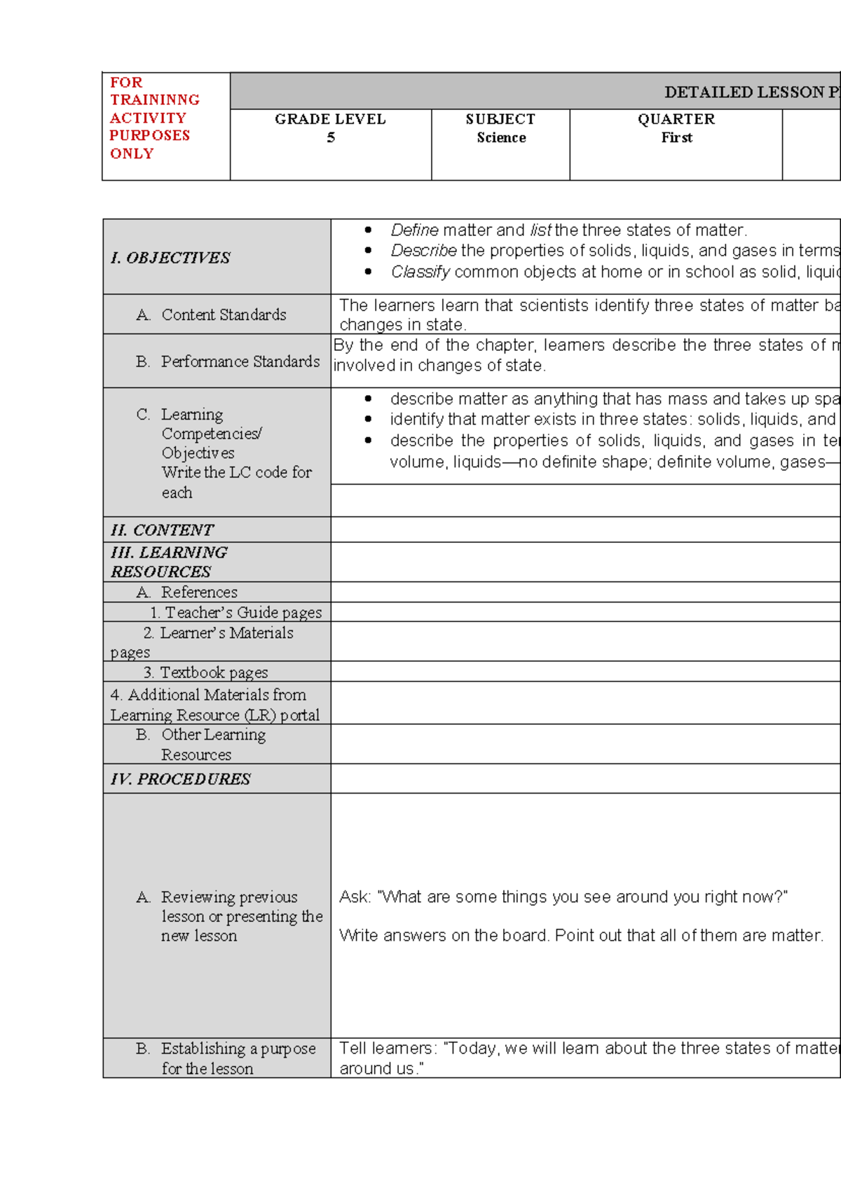 DLP Science Lesson Plan: Understanding States of Matter (Grade 5) - Studocu