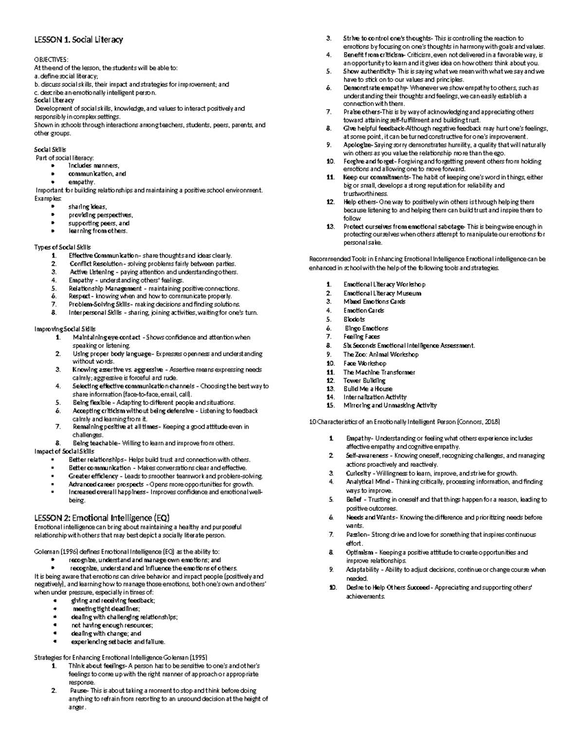 Group 1 - Social Literacy & Emotional Intelligence Lesson Notes - Studocu