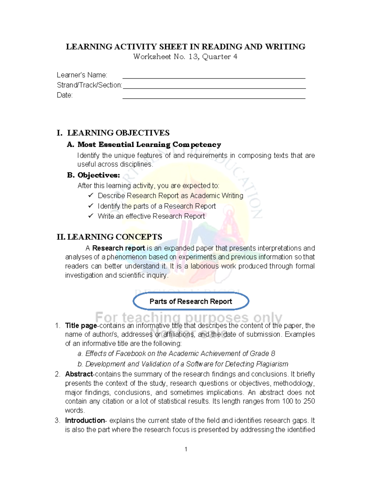 SHS-Reading-Writing LAS 13: Research Report Writing Guidelines - Studocu