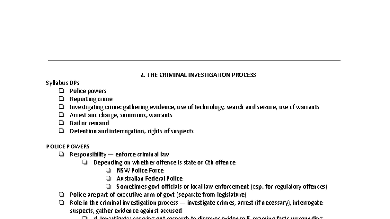 Year 12 - Legal Study Notes: Criminal Investigation Process - Studocu