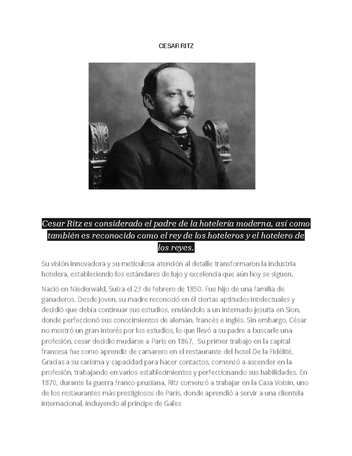 Cesar Ritz -Introducción de cesar Ritz Cesar Ritz. Conocido como el más ...