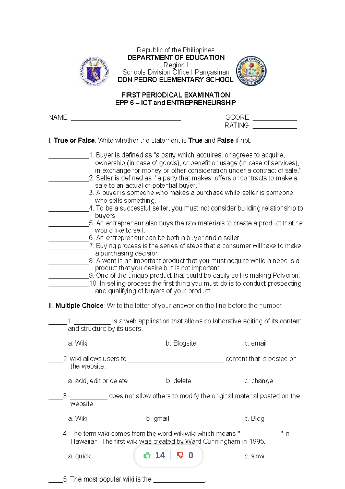 EPP 6 - ICT & Entrepreneurship First Periodical Test with Answer Key ...