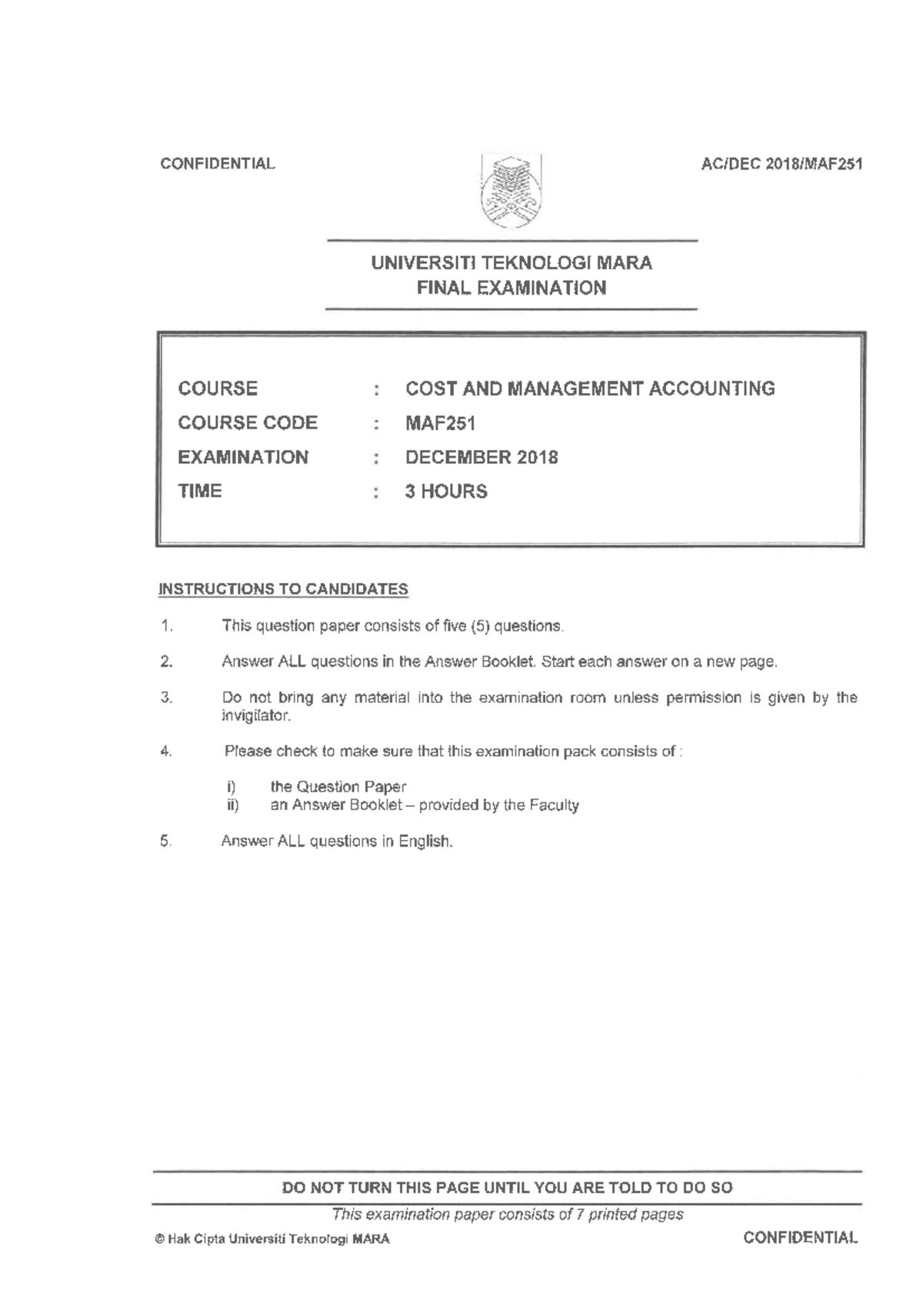Final Exam MAF251: Cost & Management Accounting Questions - Oct 2016 ...