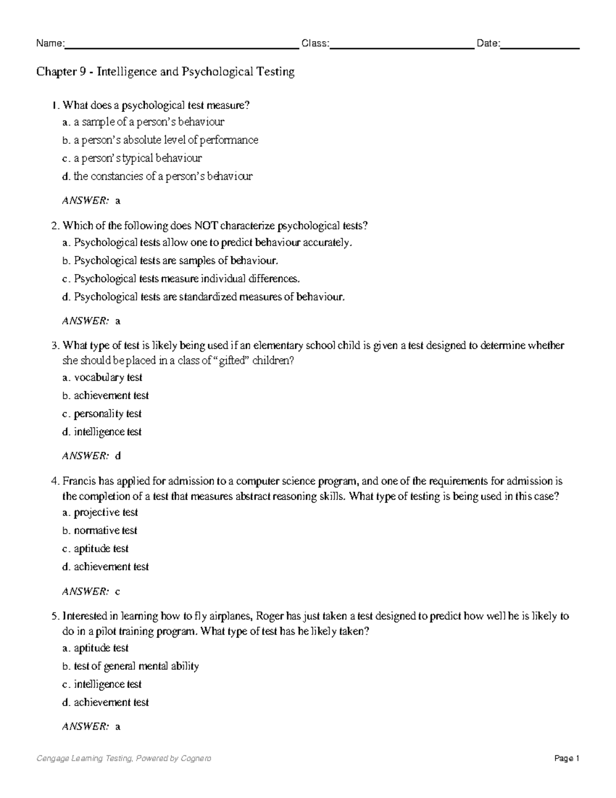 Chapter 9 and 10 Testbank Questions on Intelligence and Testing - Studocu