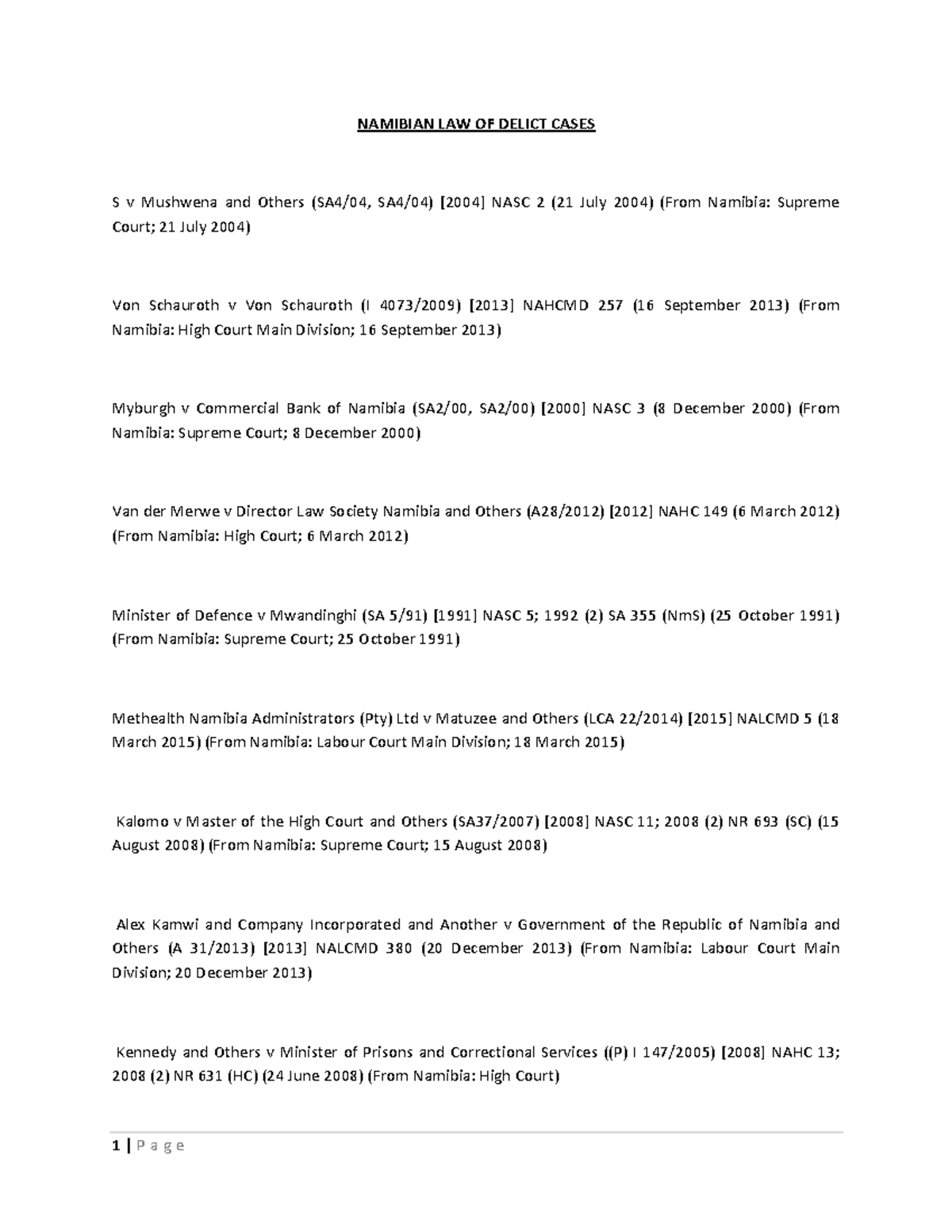 PDE372 Namibian Law of Delict: Key Case Summaries - Studocu