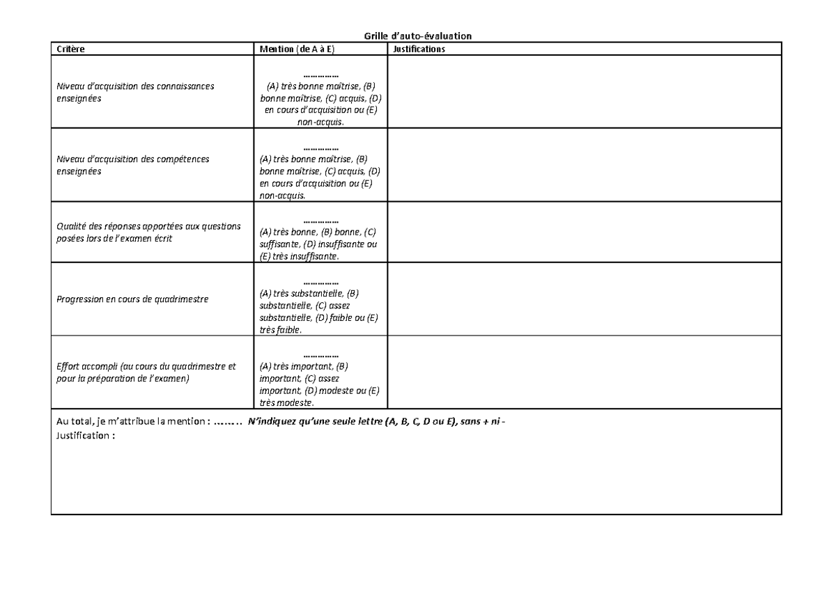 Geog F 103 Grille d'Auto-Évaluation des Compétences et Connaissances ...