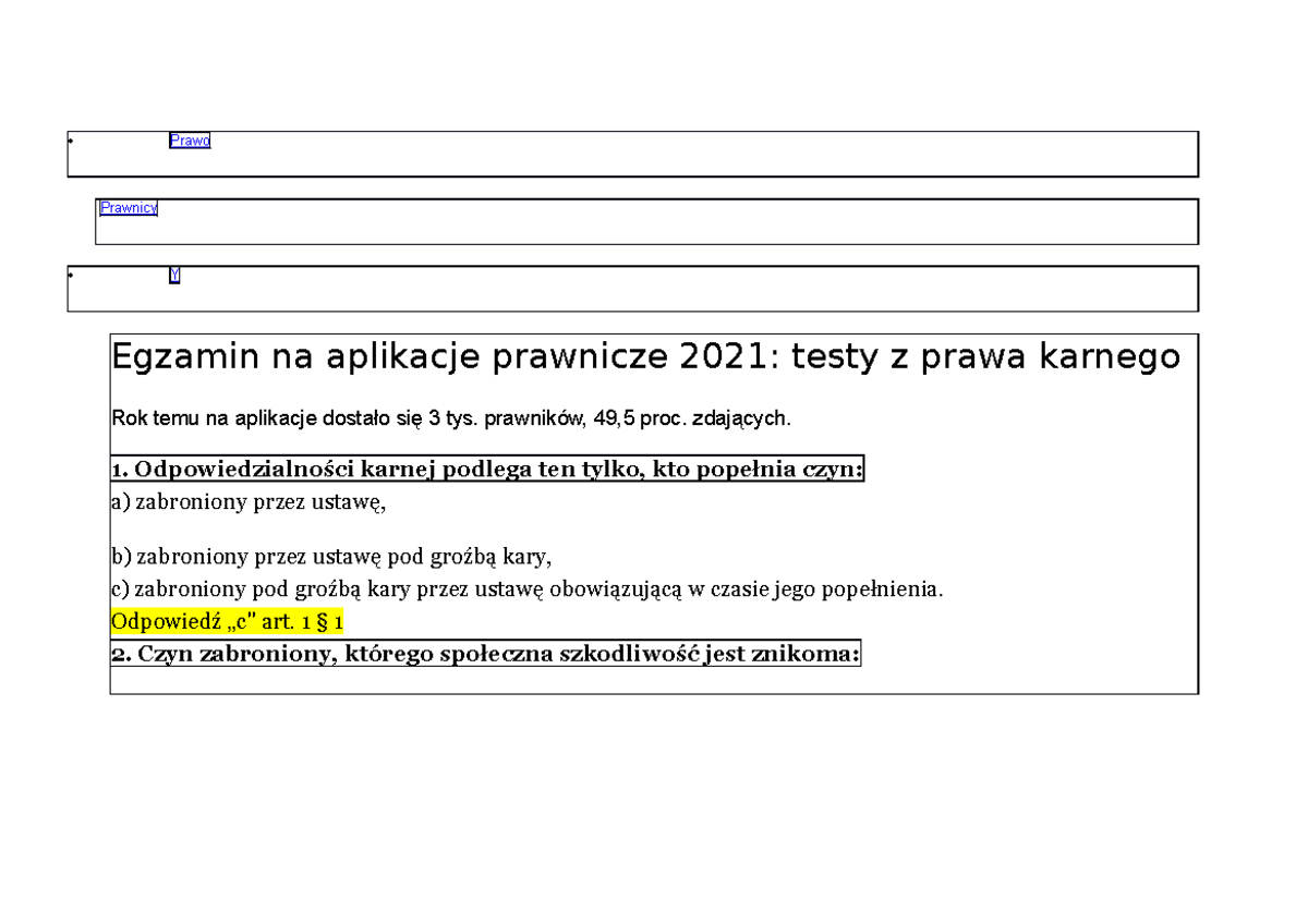 Testy Prawo karne - z odpowiedziami - Prawo Prawnicy Y Egzamin na