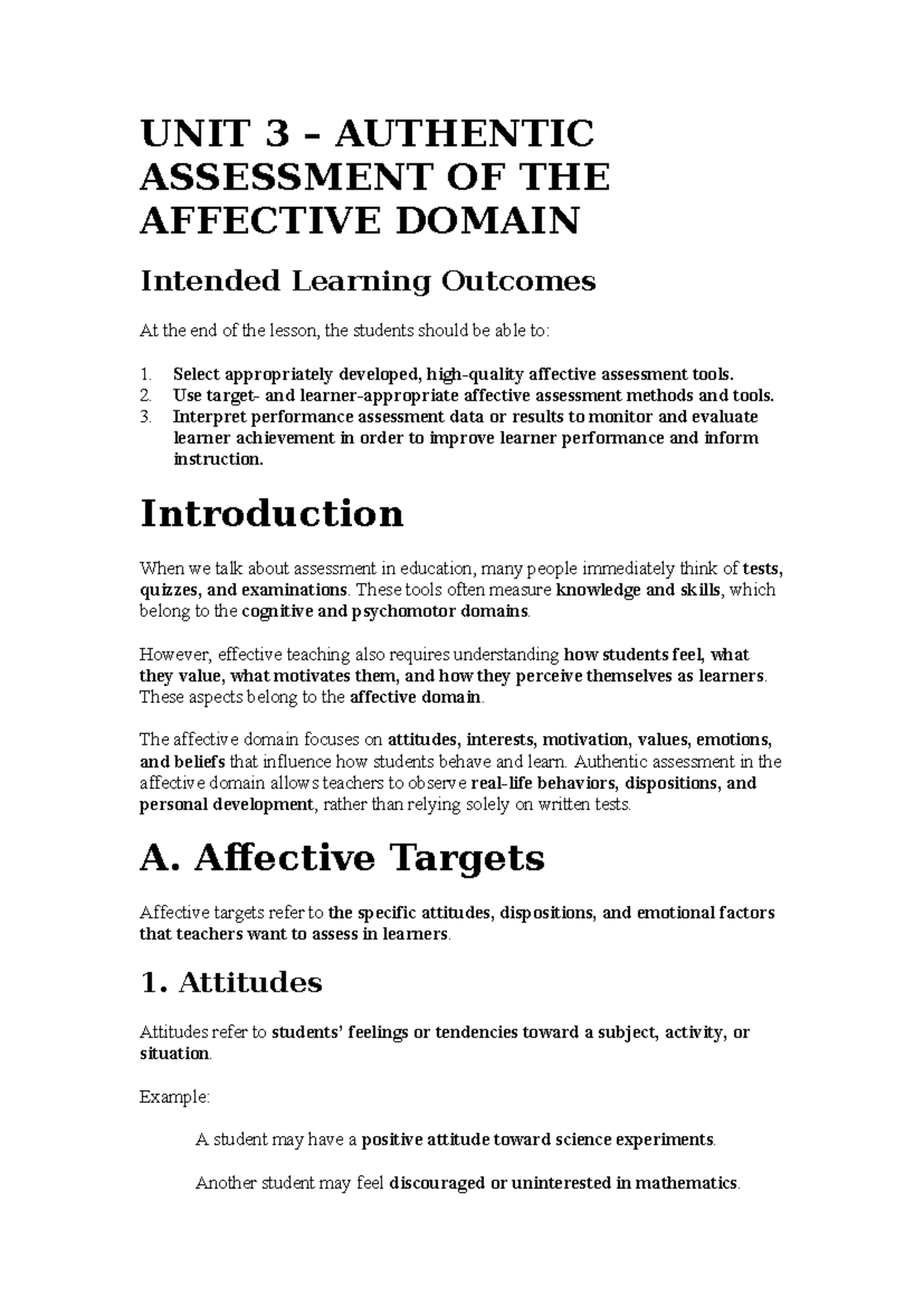 UNIT 3 – Authentic Assessment of the Affective Domain - Studocu