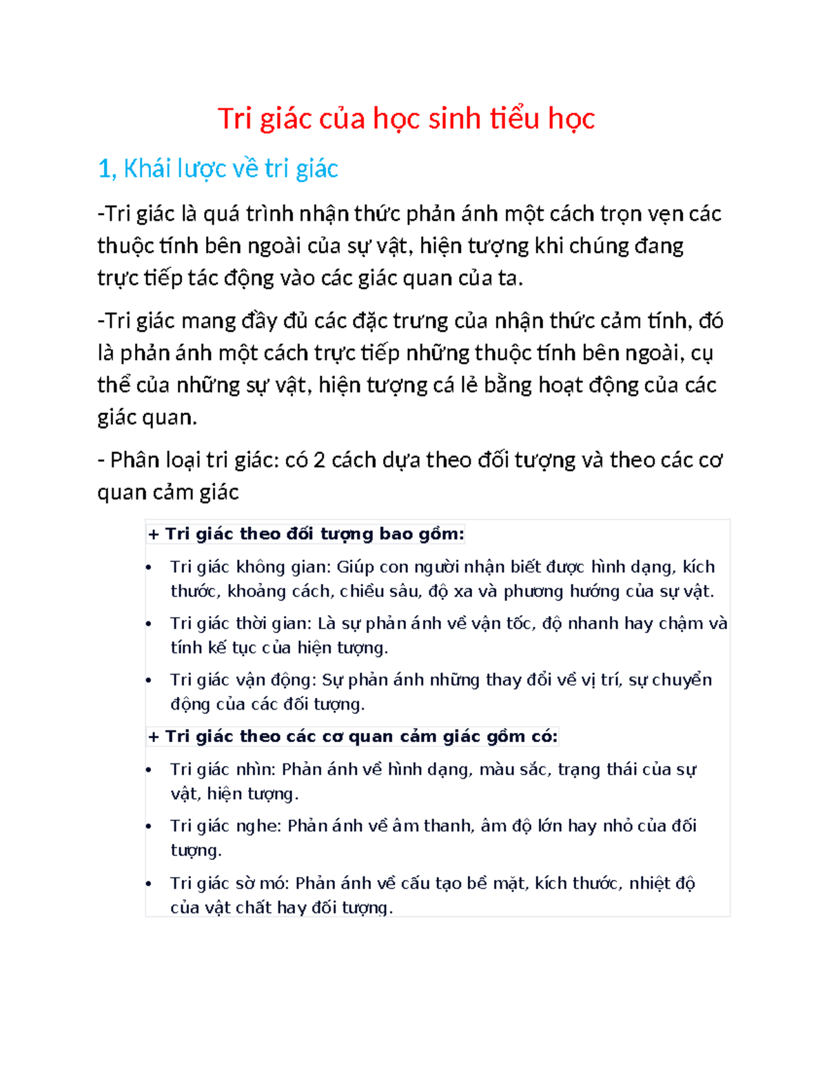 Tri giác của học sinh tiểu học: Đặc điểm và Phát triển nhận thức - Studocu