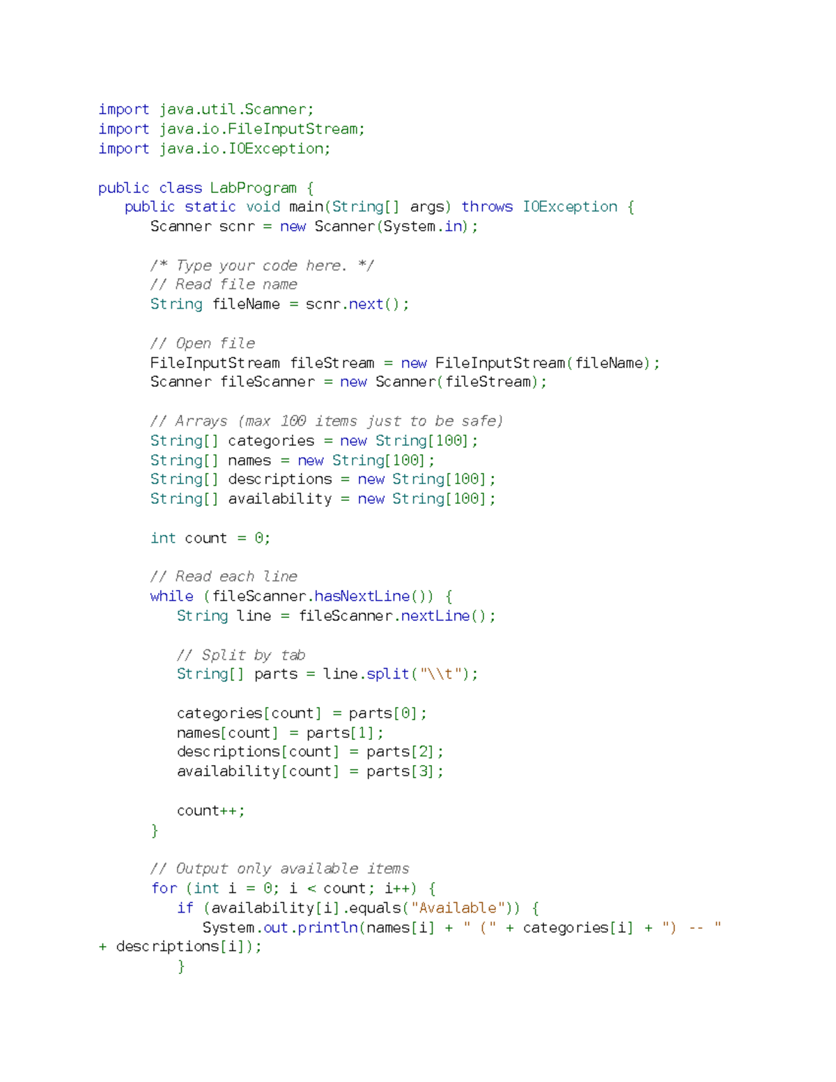 6.19 LAB Parsing food data - import java.util; import java.io; import ...