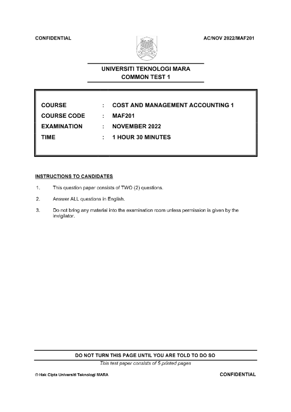 MAF201 Common Test 1: Cost & Management Accounting - Nov 2022 - Studocu