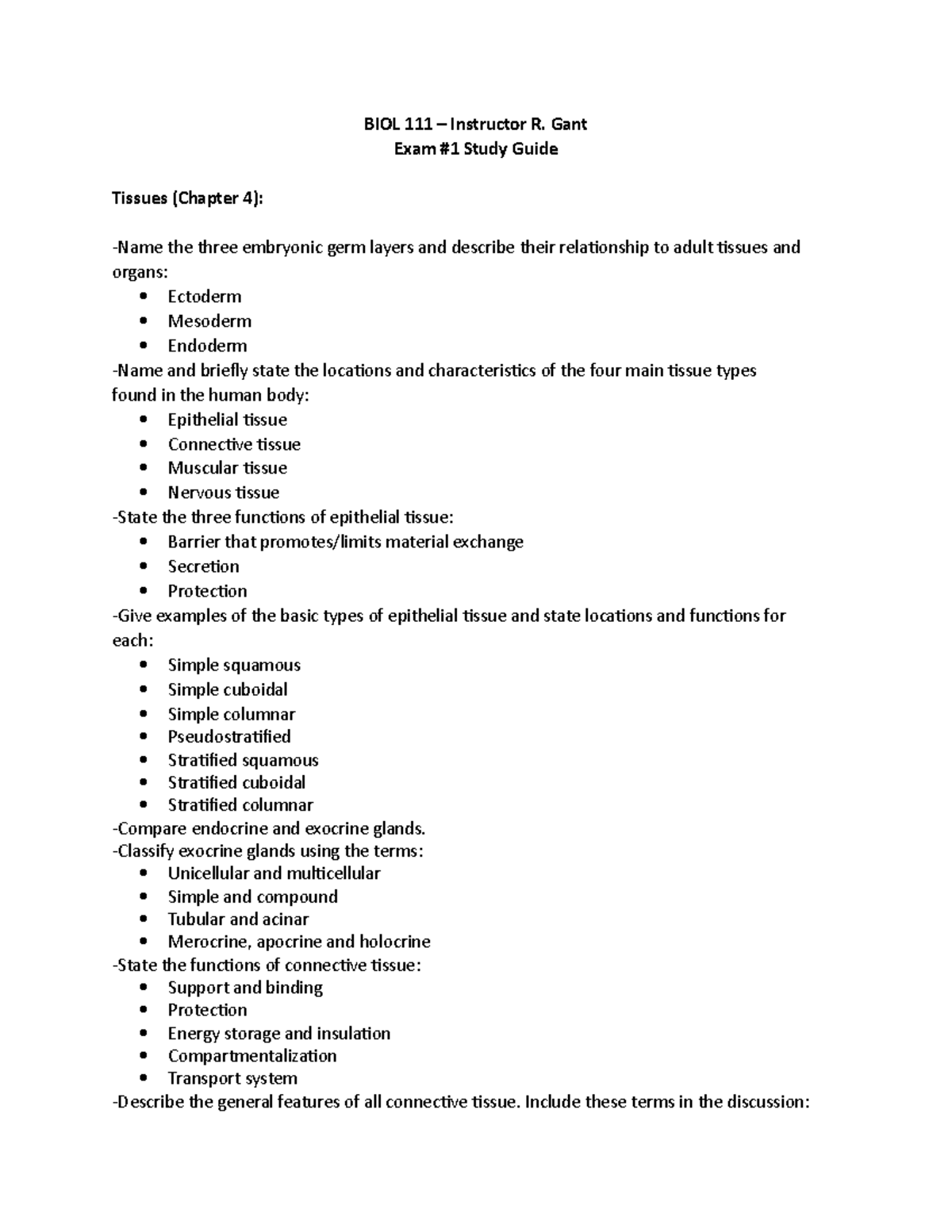 BIOL 111 Exam 1 Study Guide: Comprehensive Overview of Tissues - Studocu