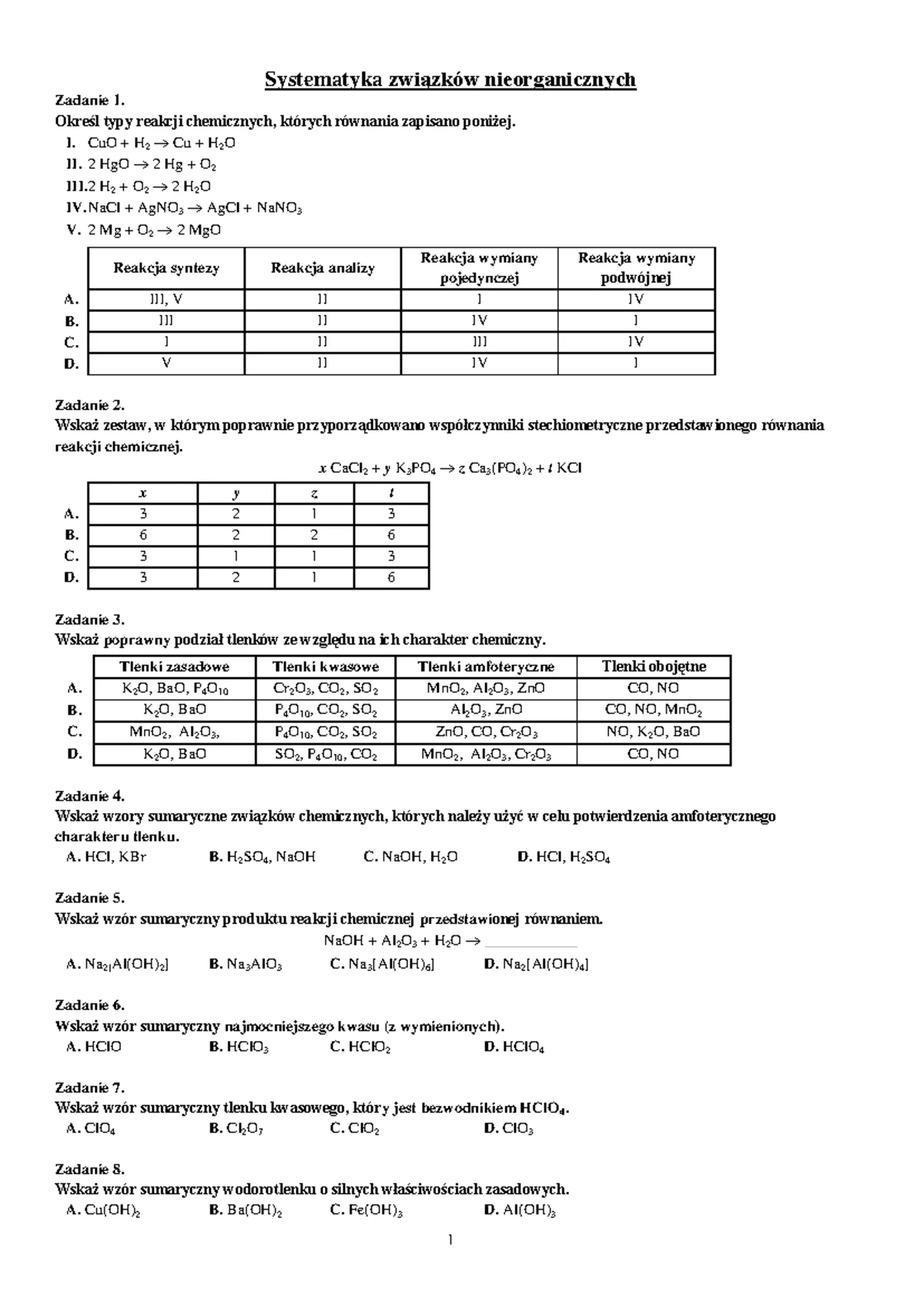 Sprawdzian - Systematyka związków nieorganicznych - Systematyka