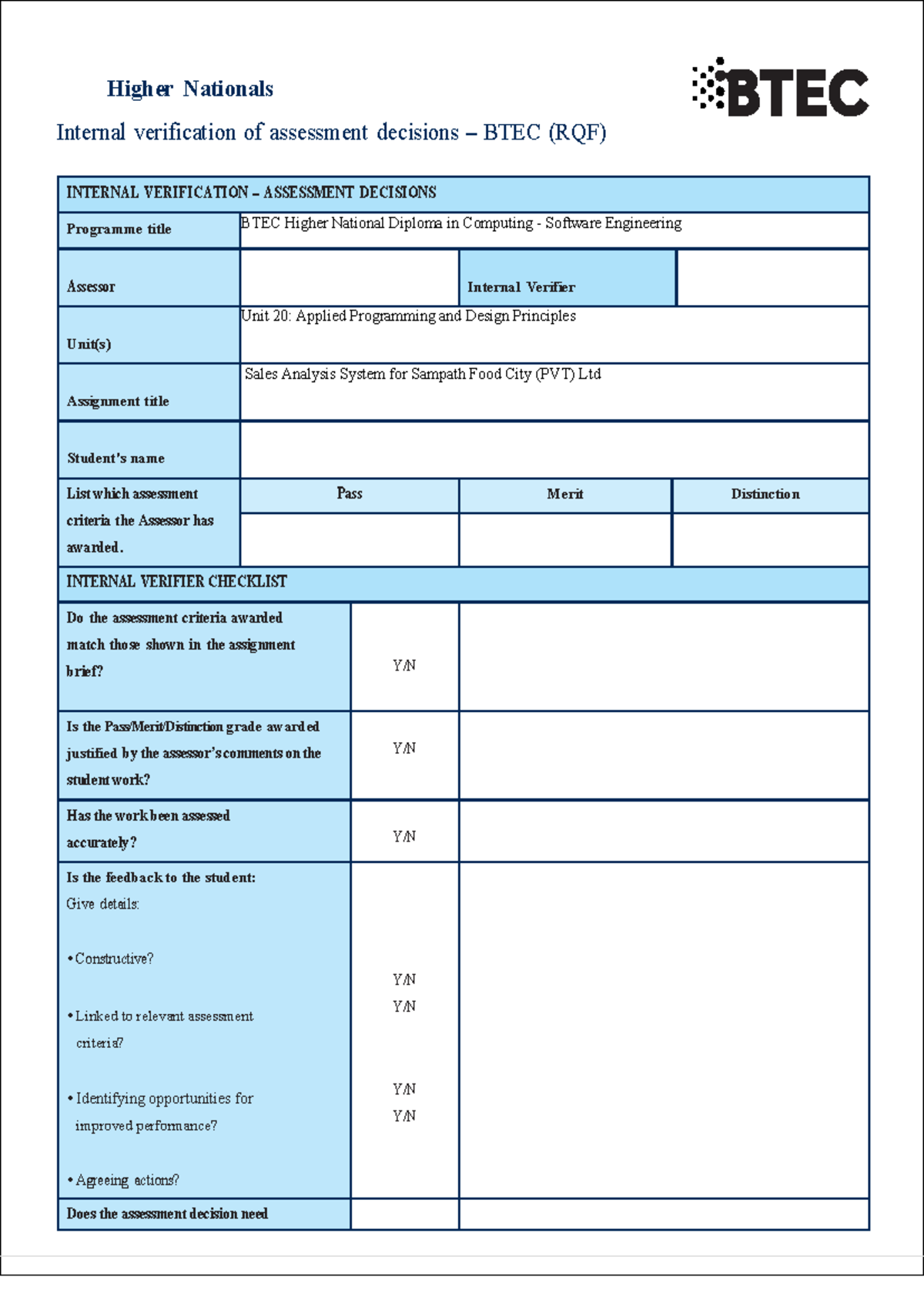 BTEC Unit 20: Internal Verification of Assessment Decisions for APDP ...